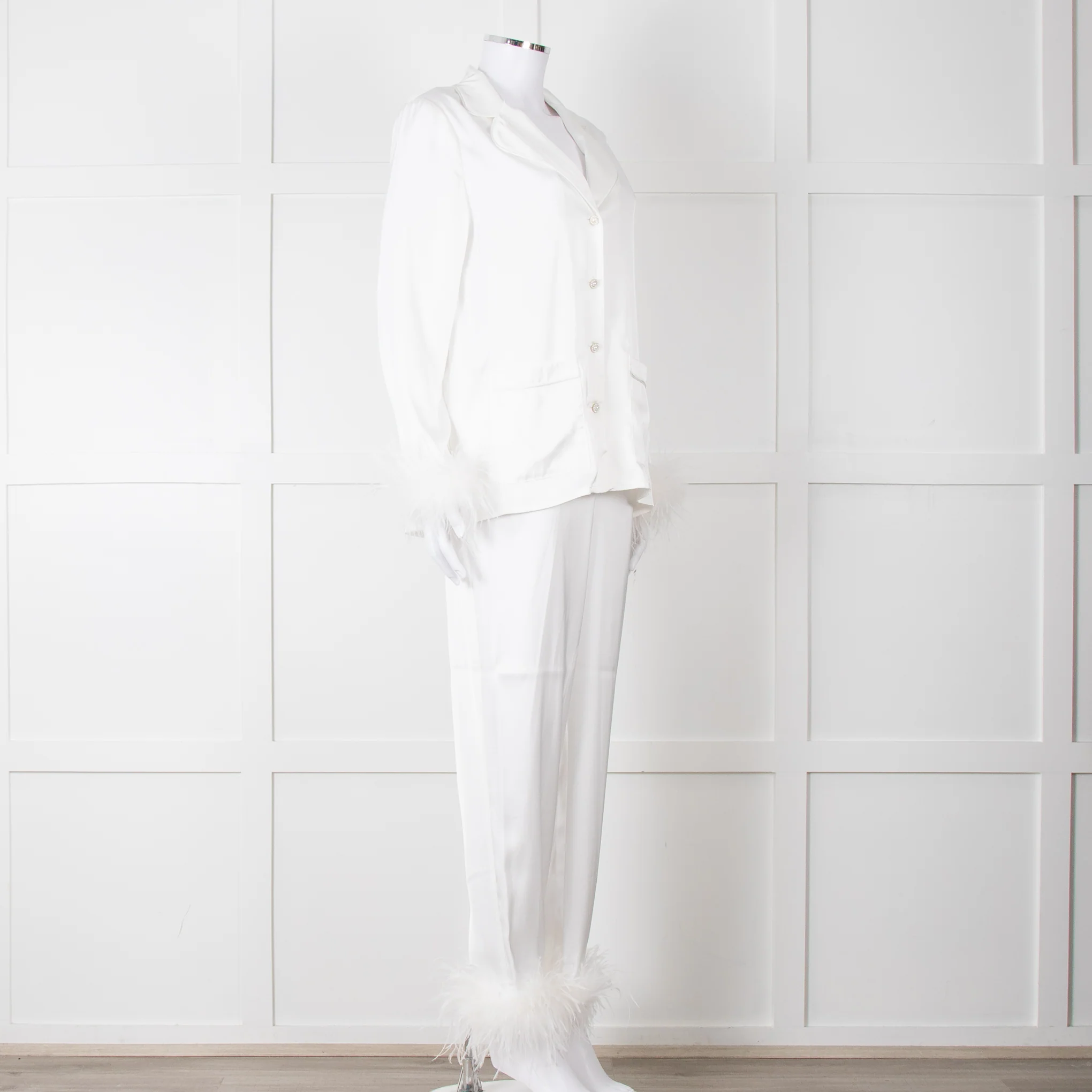 Nadine Merabi White Satin Feather Trim Pyjama Set - Image 8