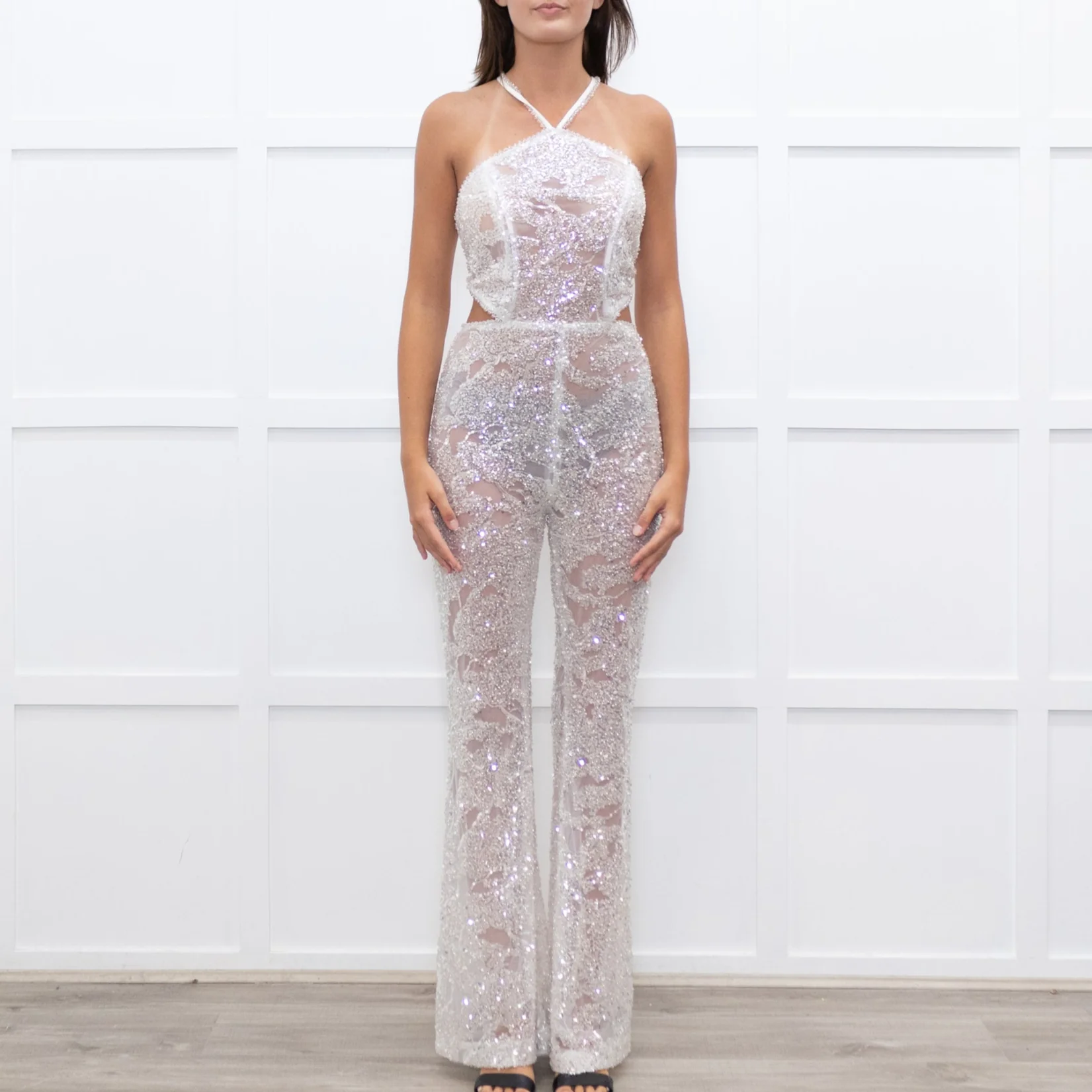 Nadine Merabi White Sequin Hallie Halter Neck Jumpsuit - Image 2