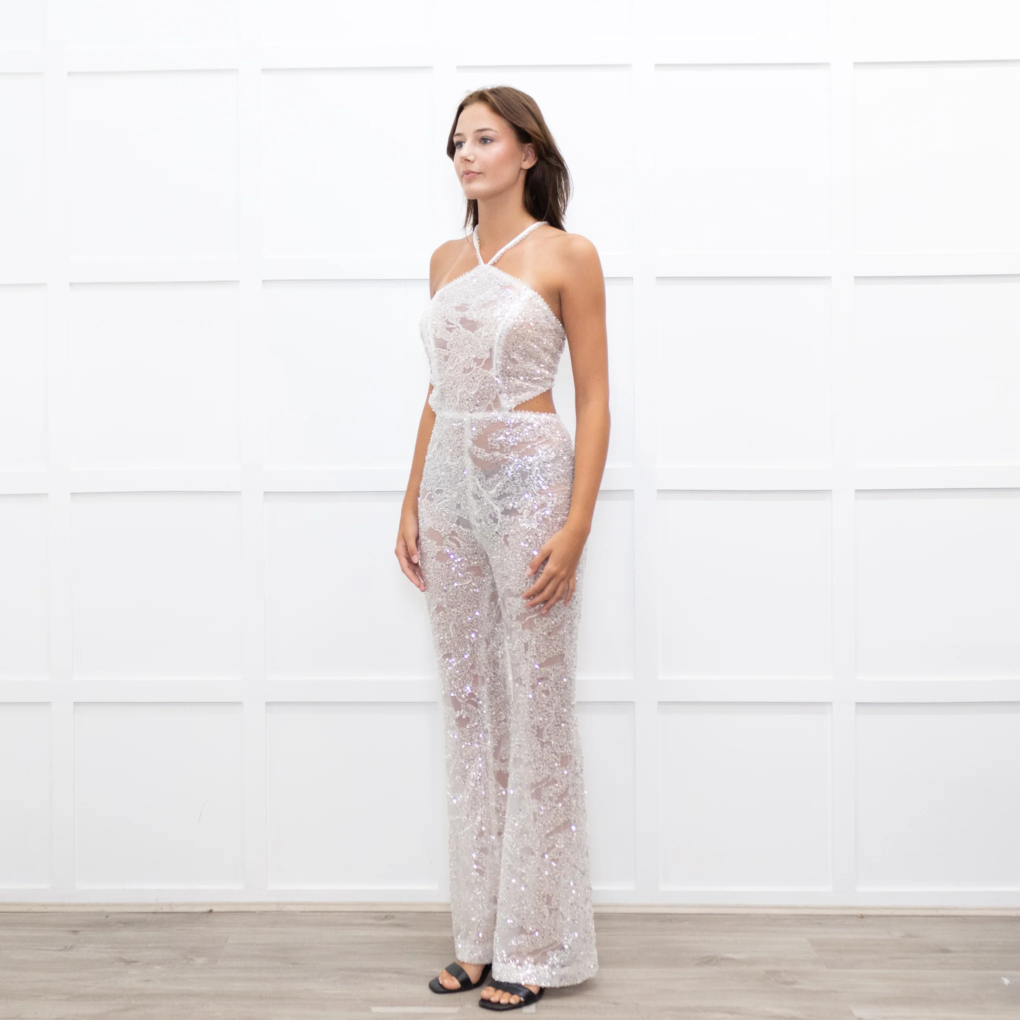 Nadine Merabi White Sequin Hallie Halter Neck Jumpsuit - Image 3
