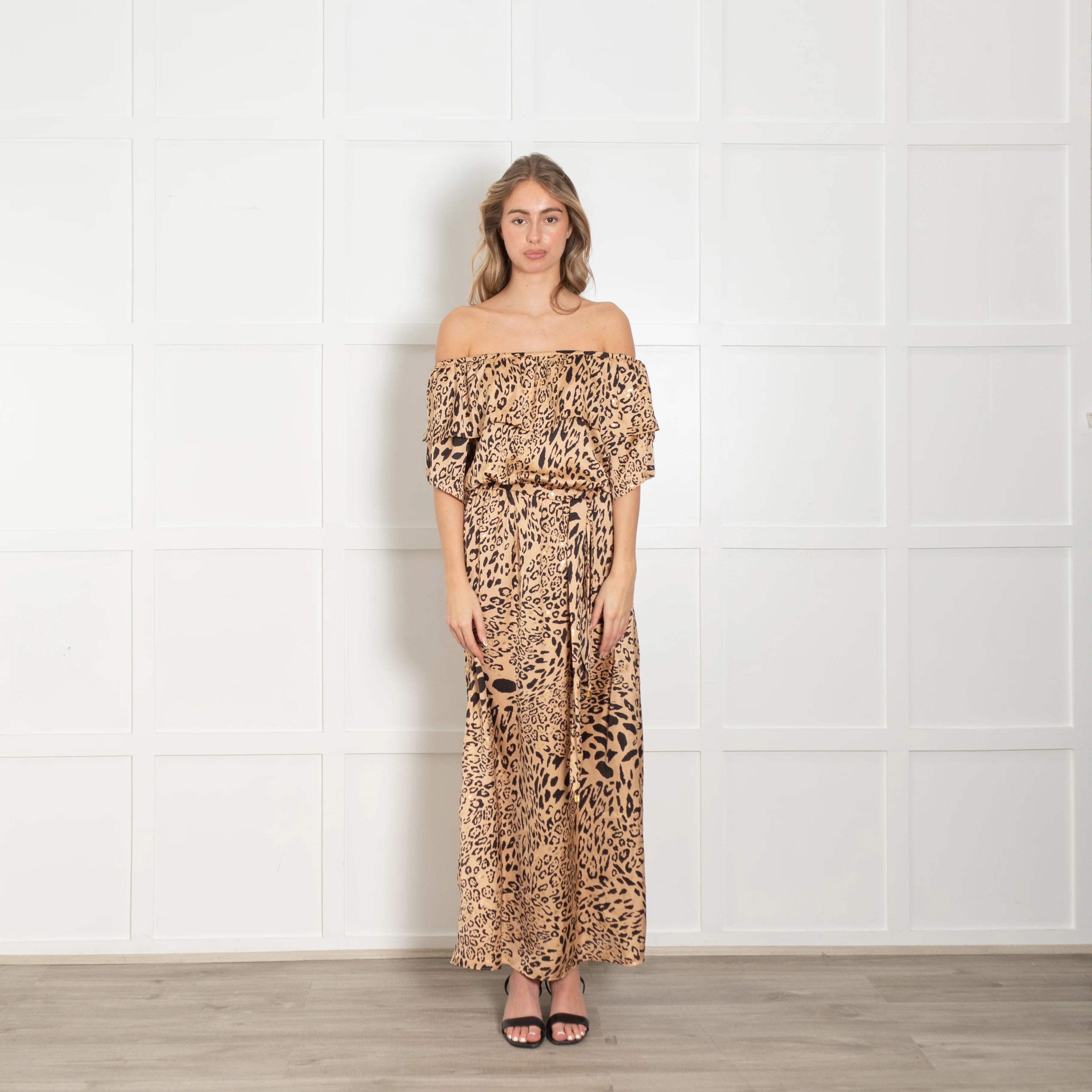 Naia Halle Bardot Frill Golden Leopard Maxi Dress