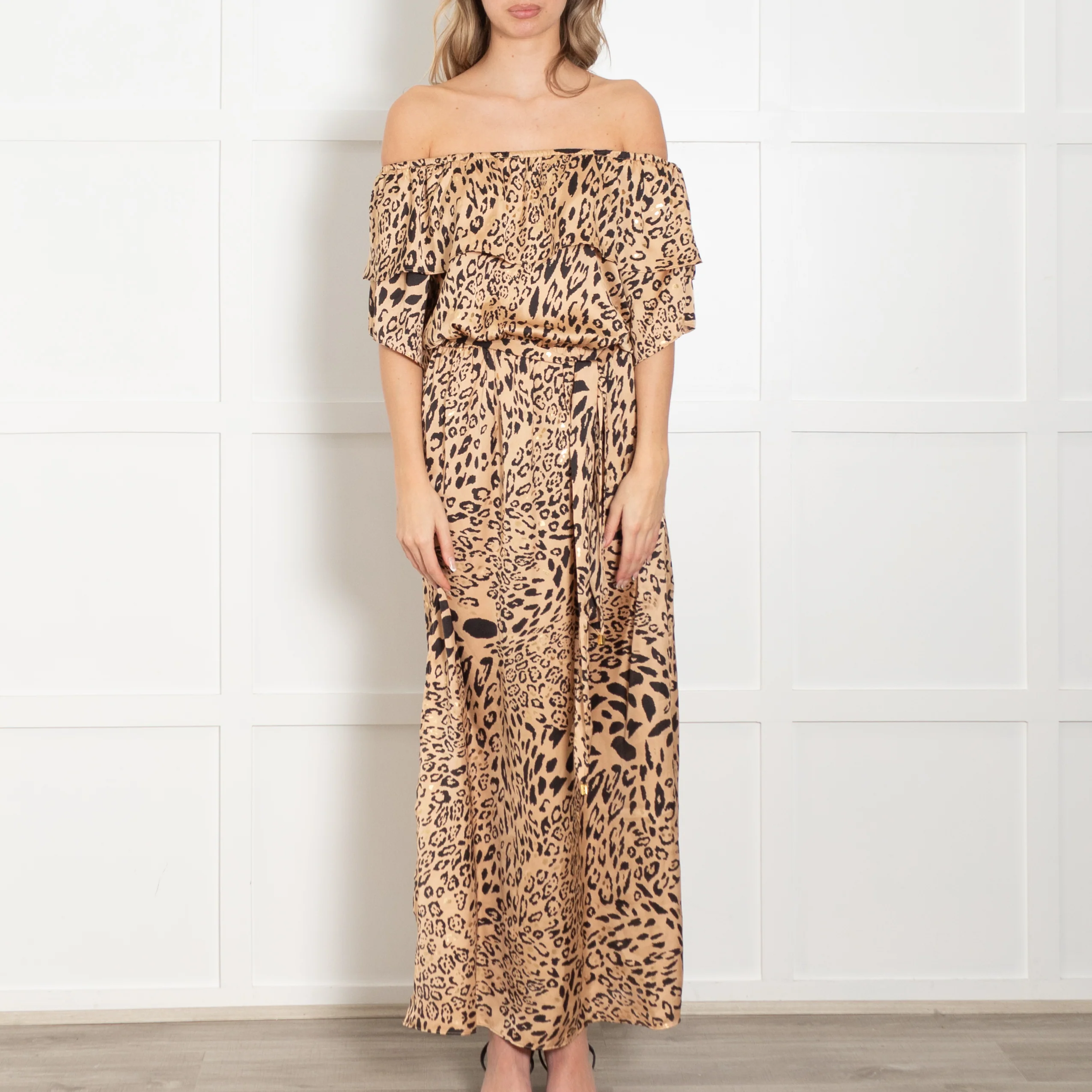 Naia Halle Bardot Frill Golden Leopard Maxi Dress - Image 2