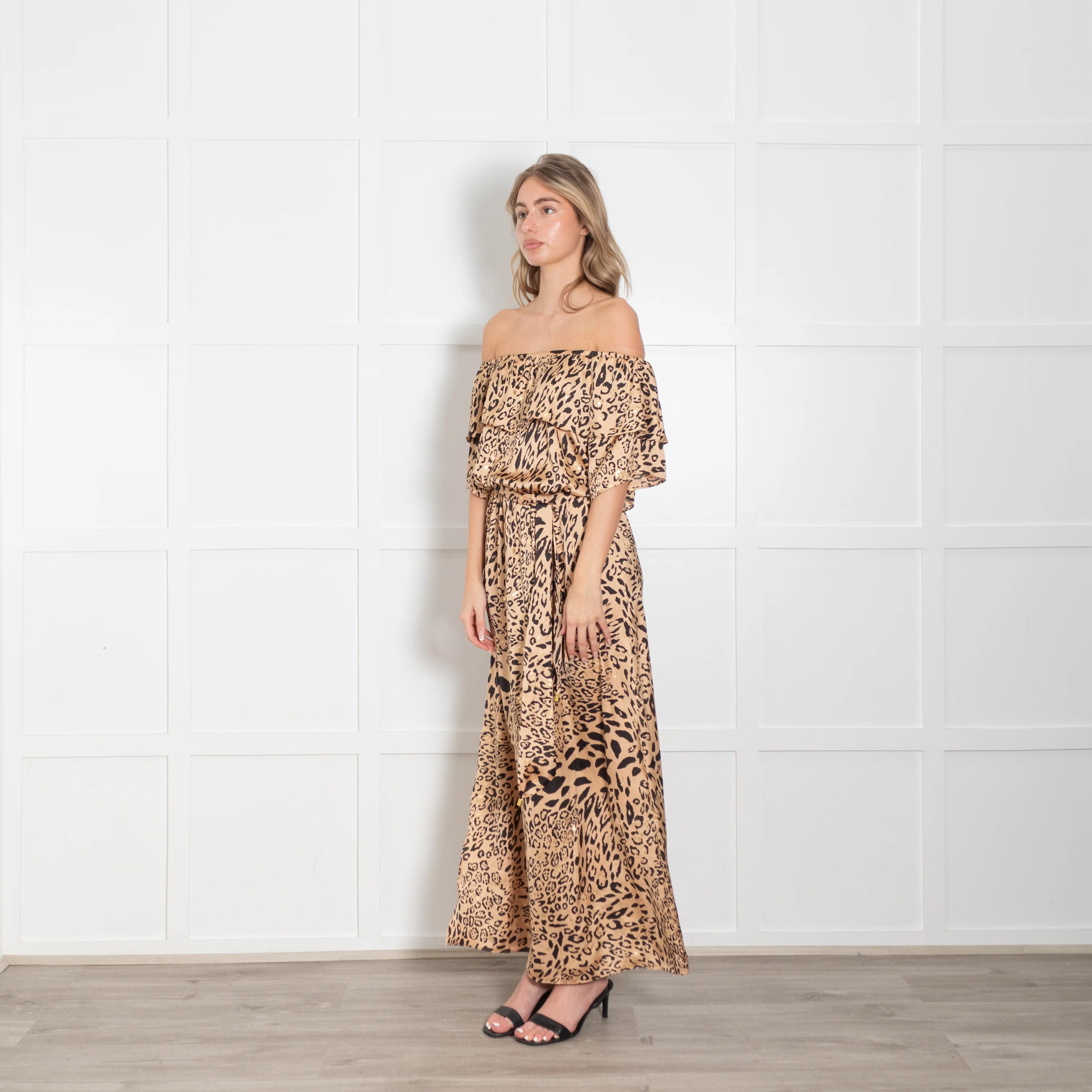Naia Halle Bardot Frill Golden Leopard Maxi Dress - Image 3