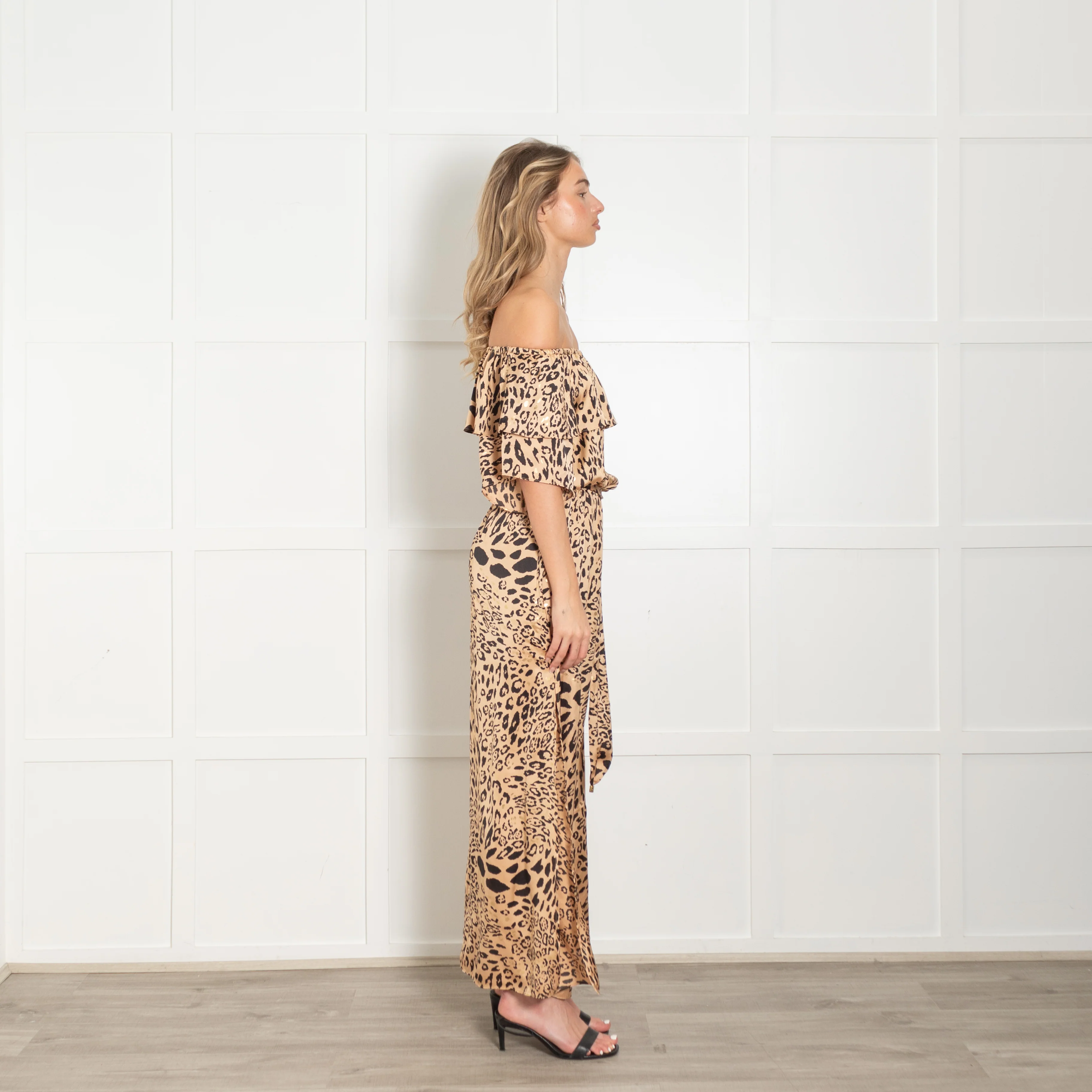 Naia Halle Bardot Frill Golden Leopard Maxi Dress - Image 6