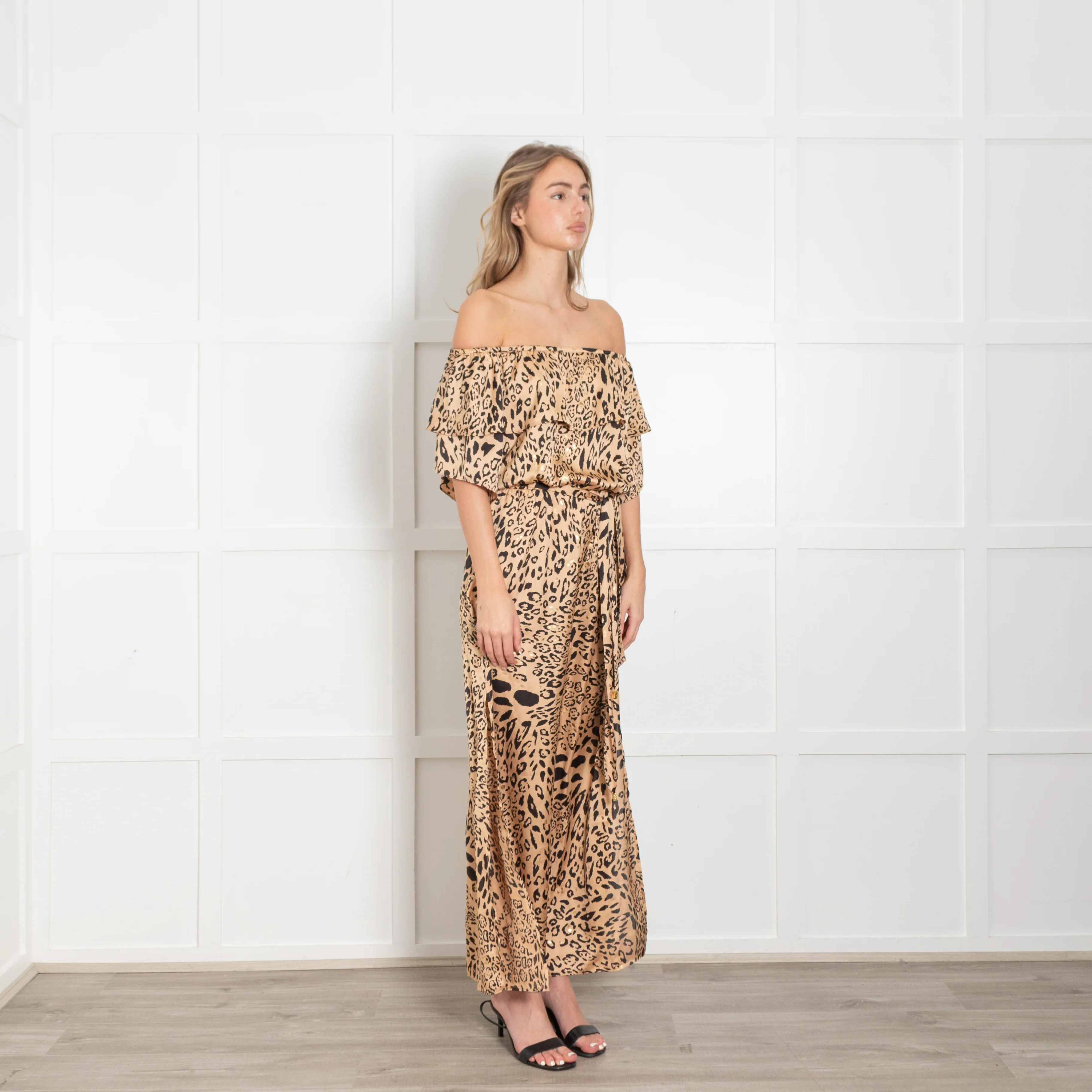 Naia Halle Bardot Frill Golden Leopard Maxi Dress - Image 7