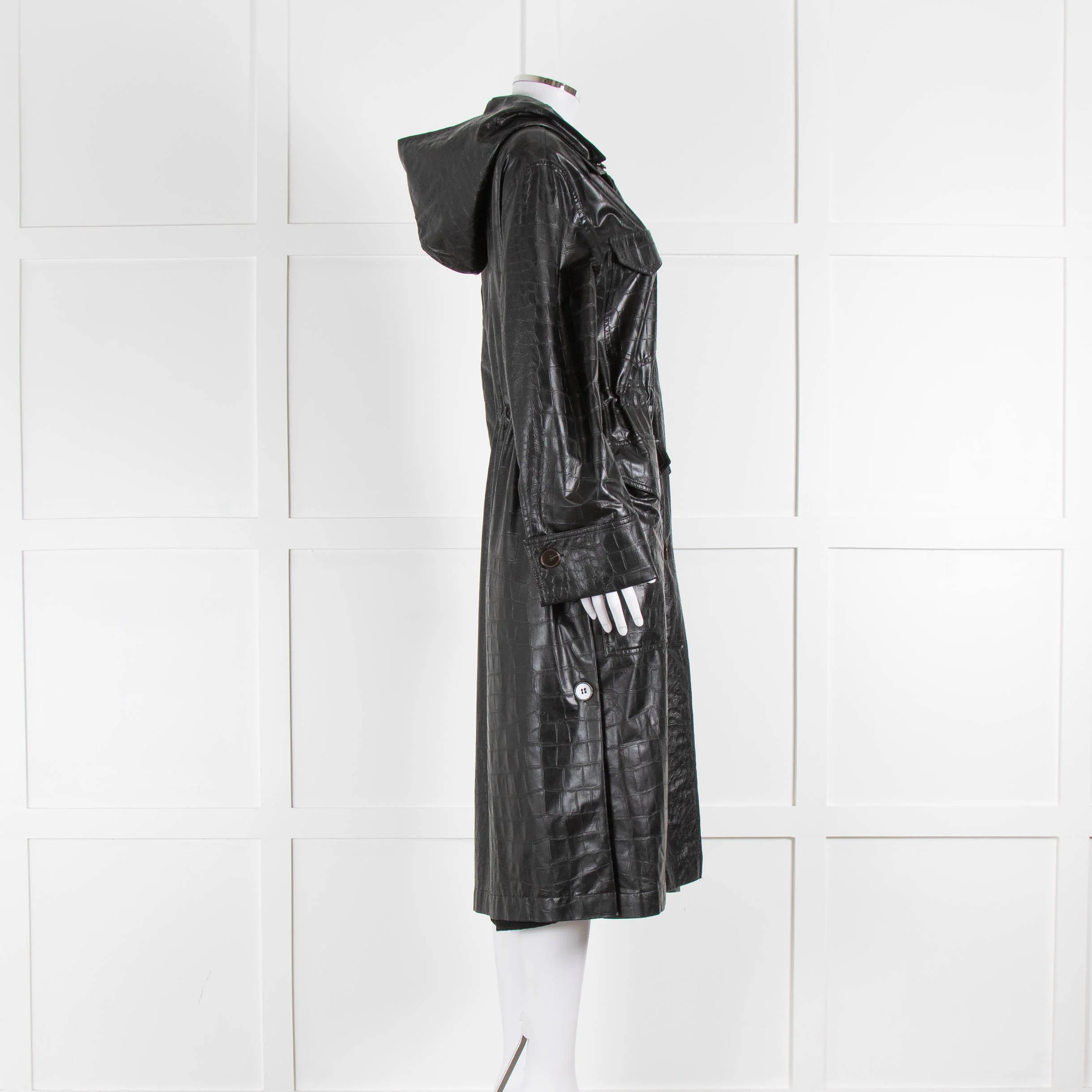 Nanushka Black Faux Croc Leather Hooded Coat - Image 3