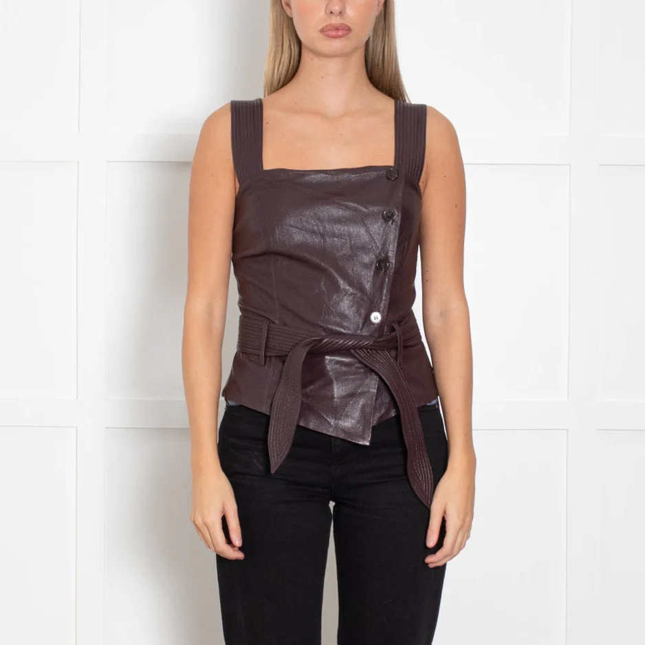Nanushka Burgundy Faux Leather Button Detail Short Top - Image 2