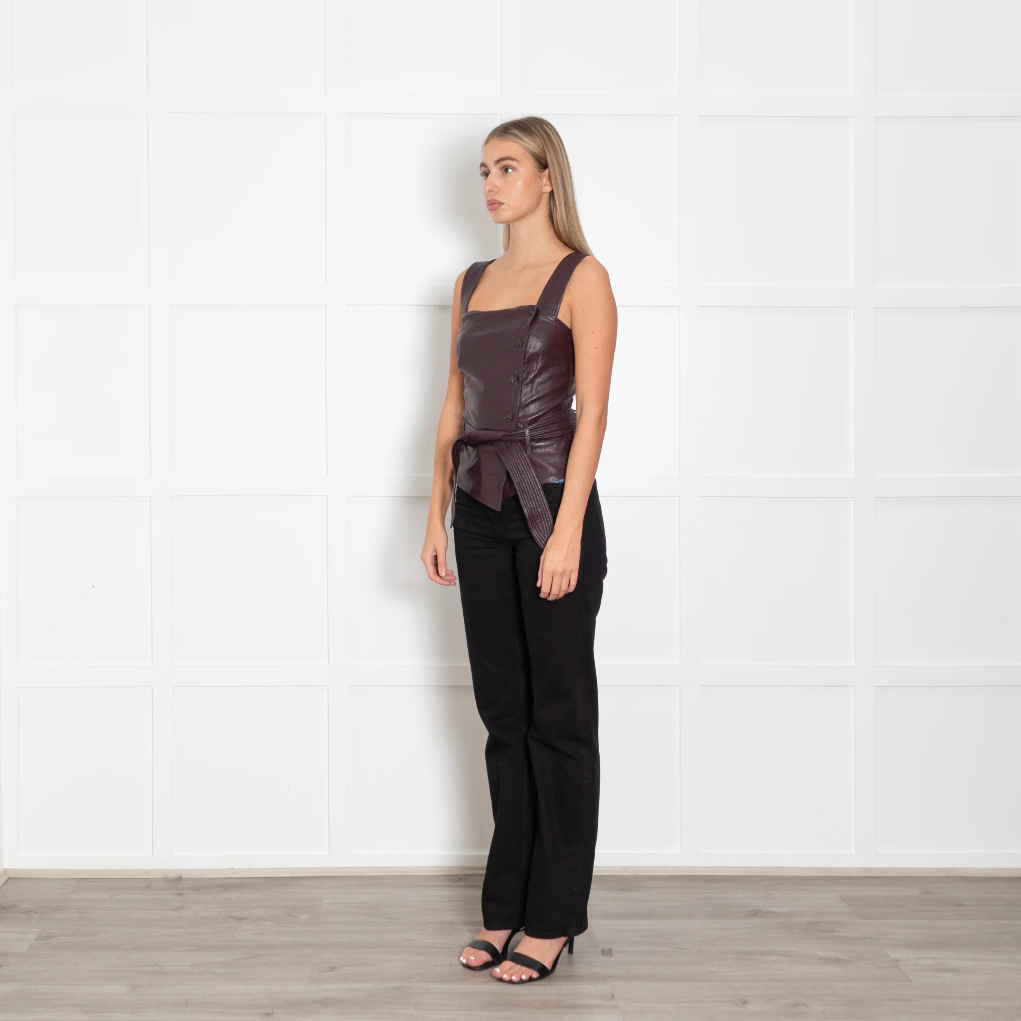 Nanushka Burgundy Faux Leather Button Detail Short Top - Image 3