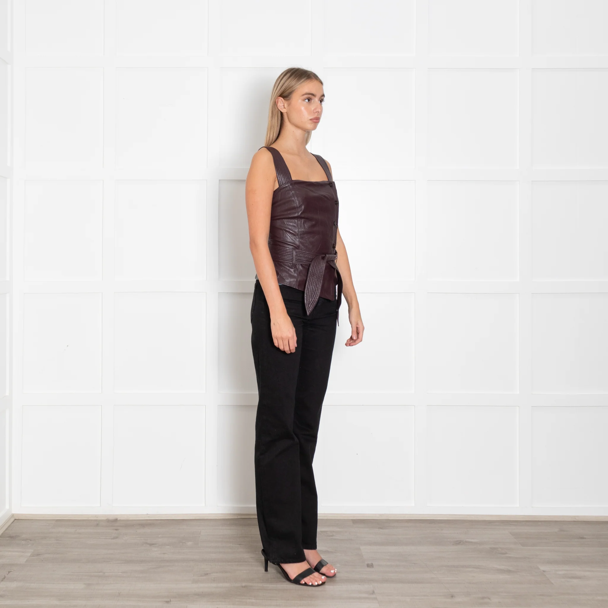 Nanushka Burgundy Faux Leather Button Detail Short Top - Image 7