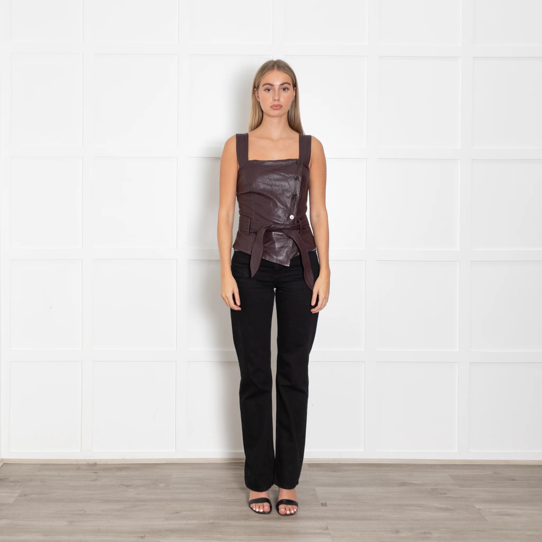 Nanushka Burgundy Faux Leather Button Detail Short Top - Image 8