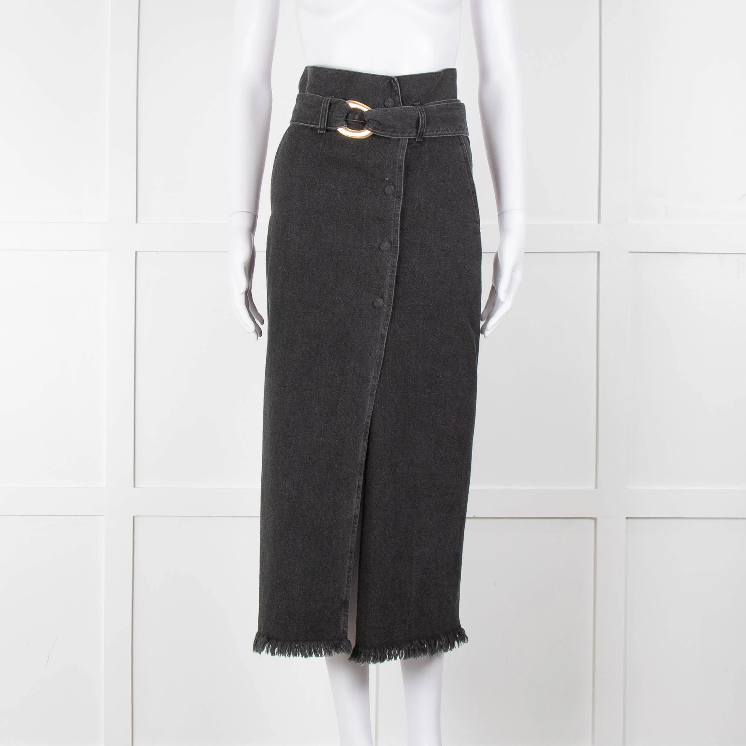Nanushka Grey Denim Belted Midi Skirt