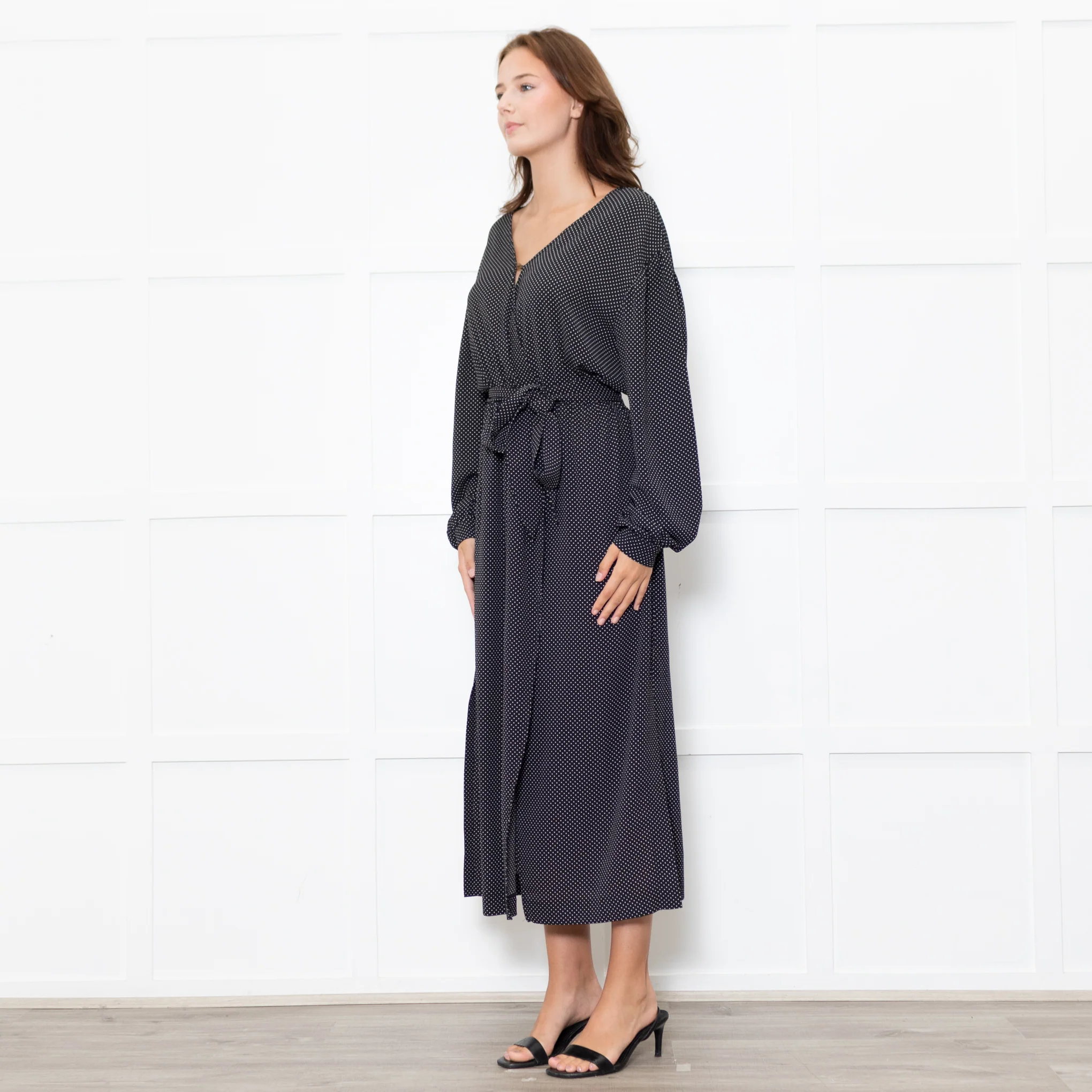 Nanushka Oasis Black Georgette Polka Dot Belted Midi Dress - Image 3