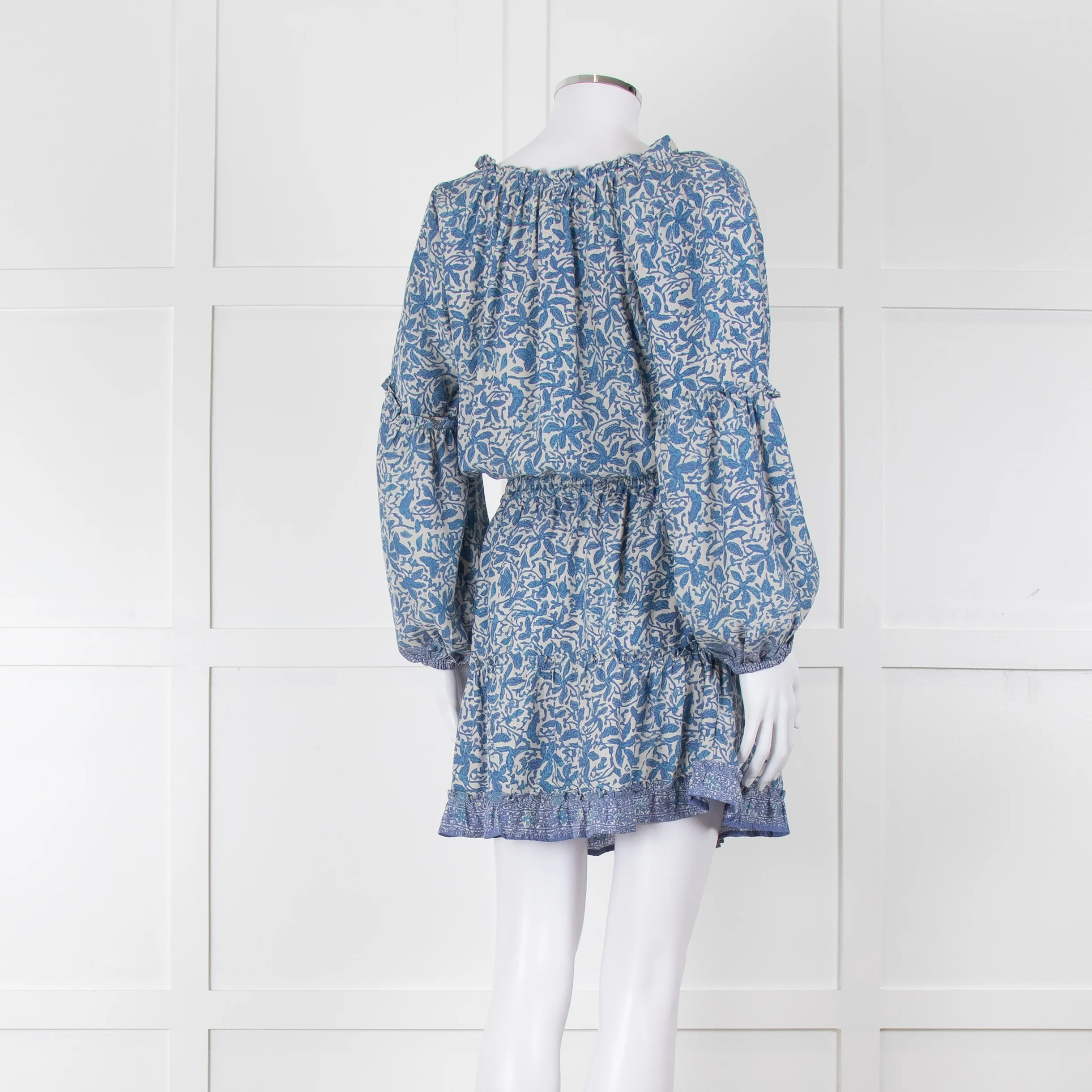 Natalie Martin Cream Blue Floral Long Sleeve Mini Silk Dress - Image 4