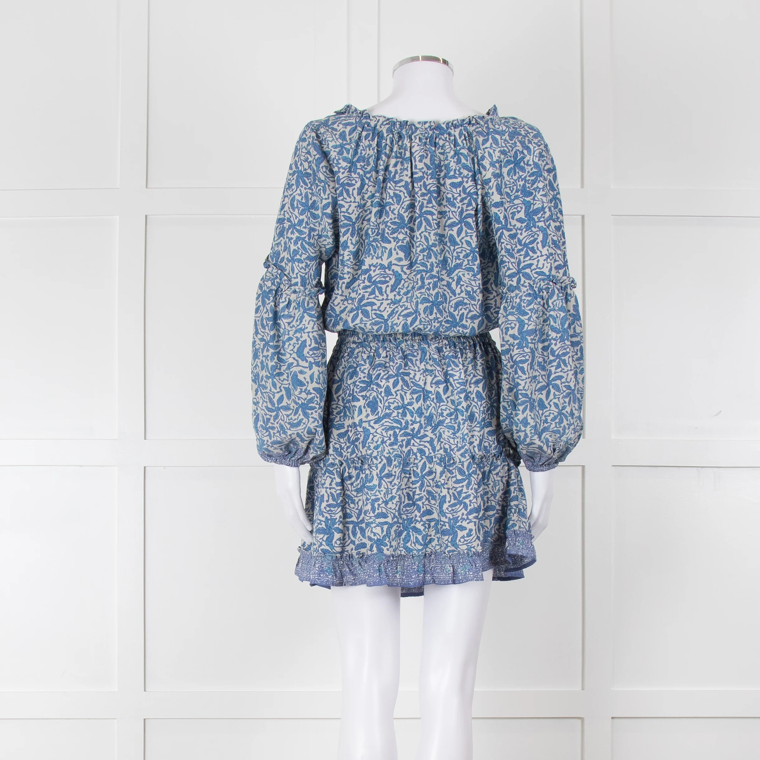 Natalie Martin Cream Blue Floral Long Sleeve Mini Silk Dress - Image 5