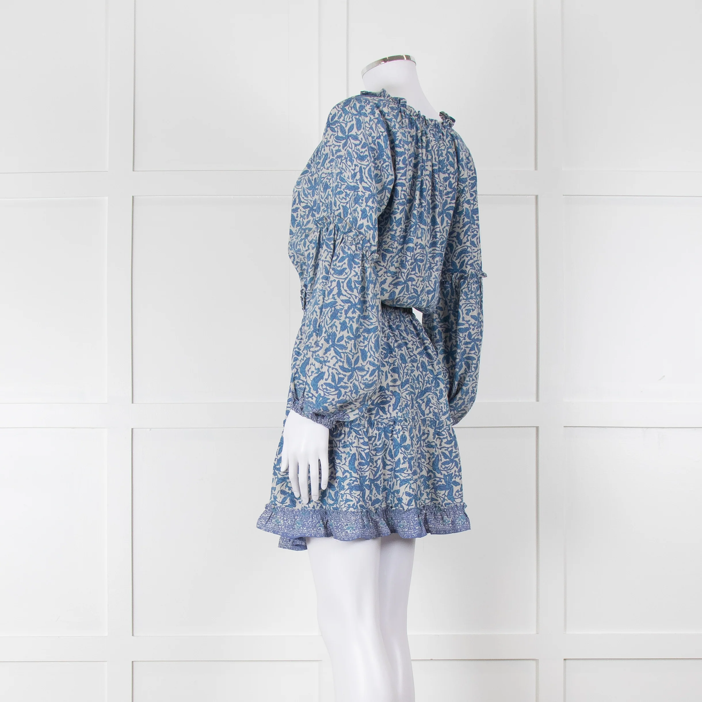 Natalie Martin Cream Blue Floral Long Sleeve Mini Silk Dress - Image 6