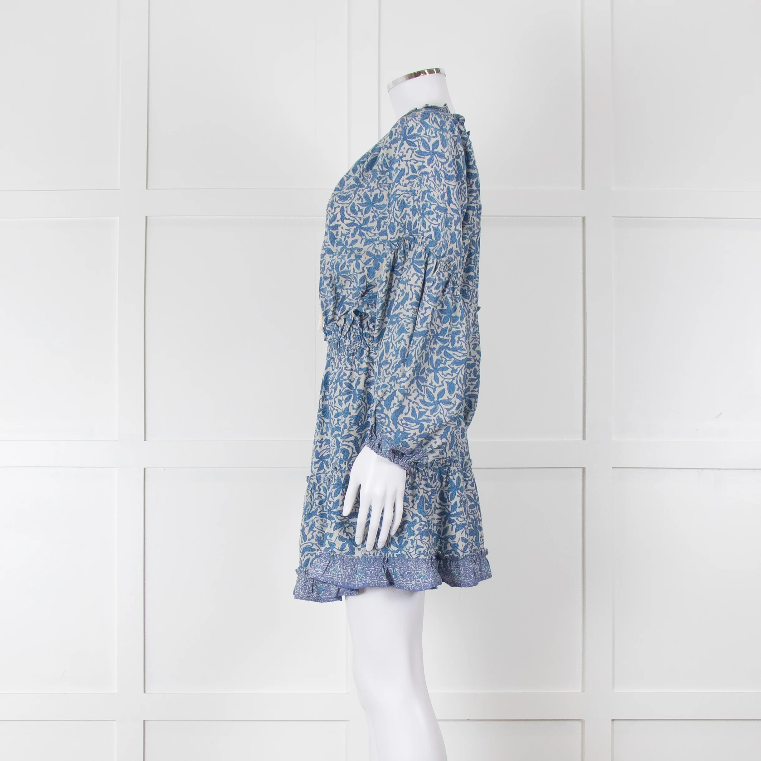 Natalie Martin Cream Blue Floral Long Sleeve Mini Silk Dress - Image 7