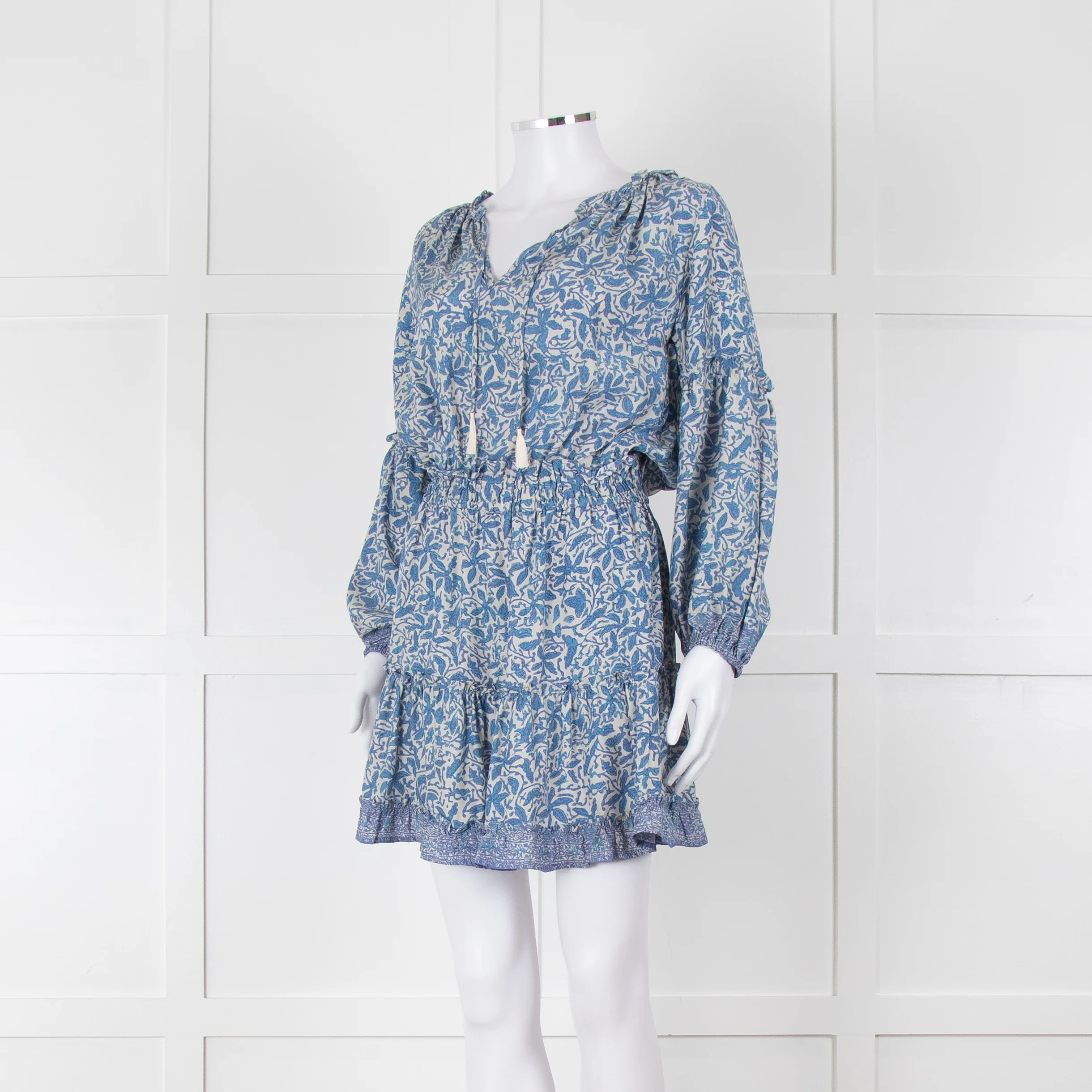 Natalie Martin Cream Blue Floral Long Sleeve Mini Silk Dress - Image 8