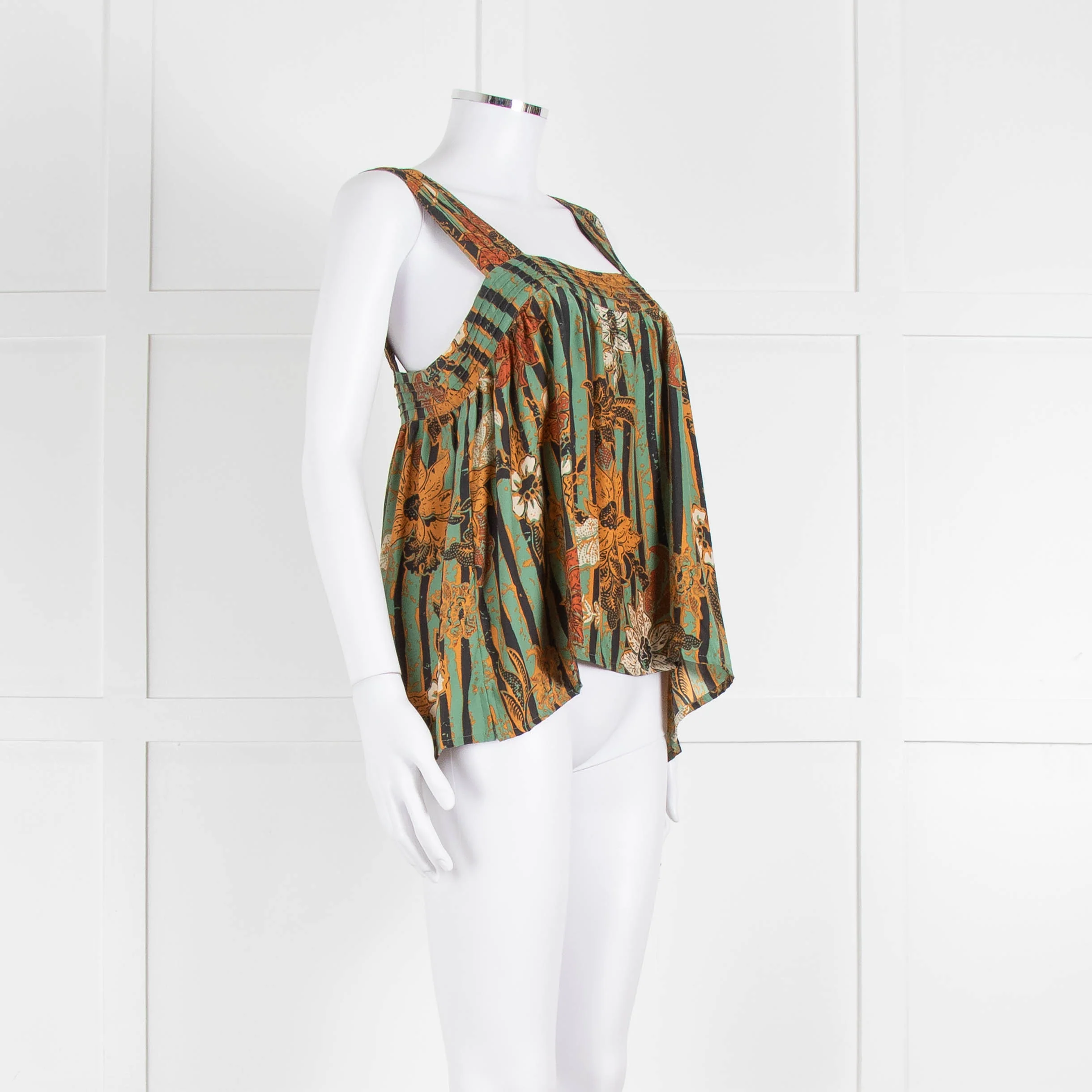 Natalie Martin Green Rust Floral Striped Silk Sleeveless Top - Image 2
