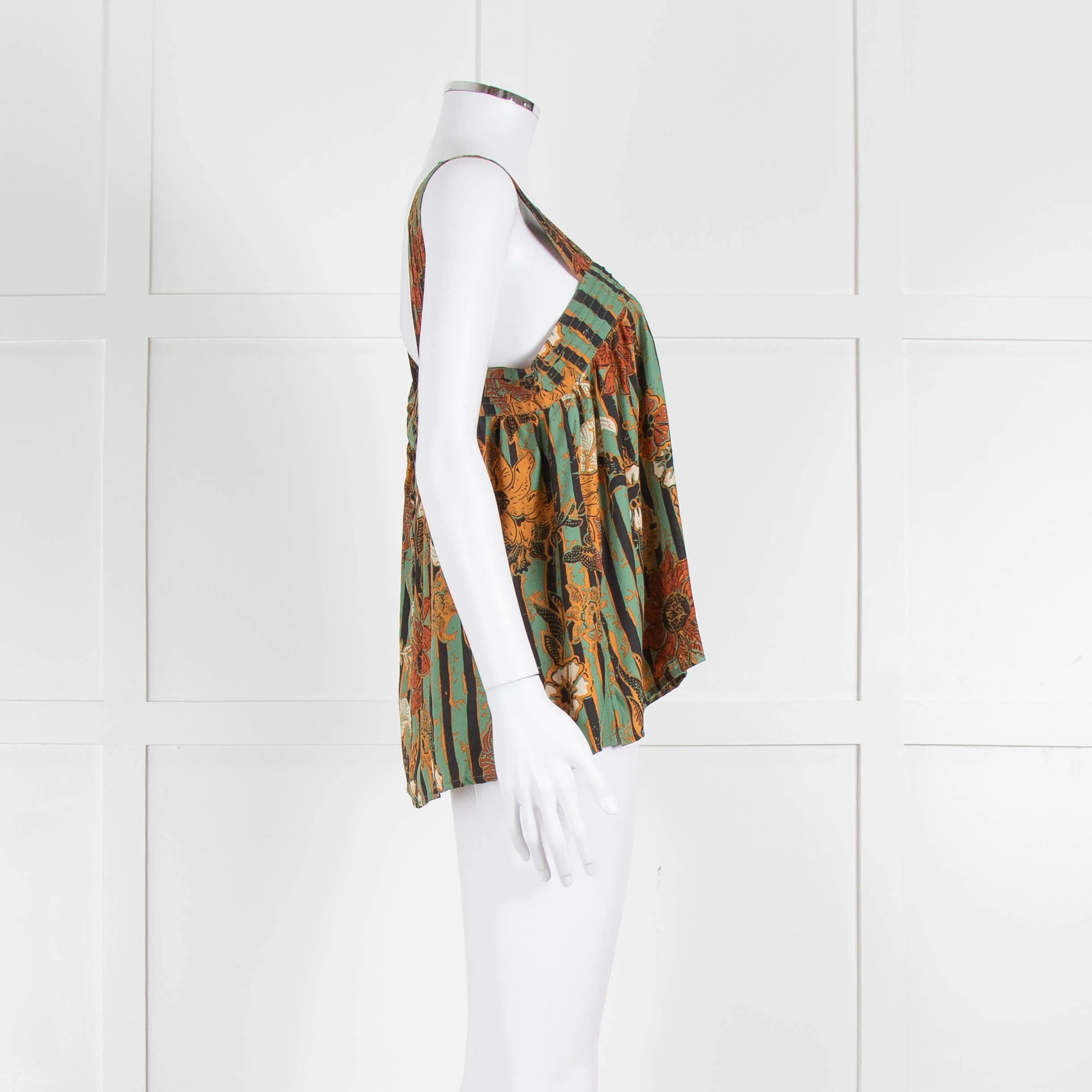 Natalie Martin Green Rust Floral Striped Silk Sleeveless Top - Image 3