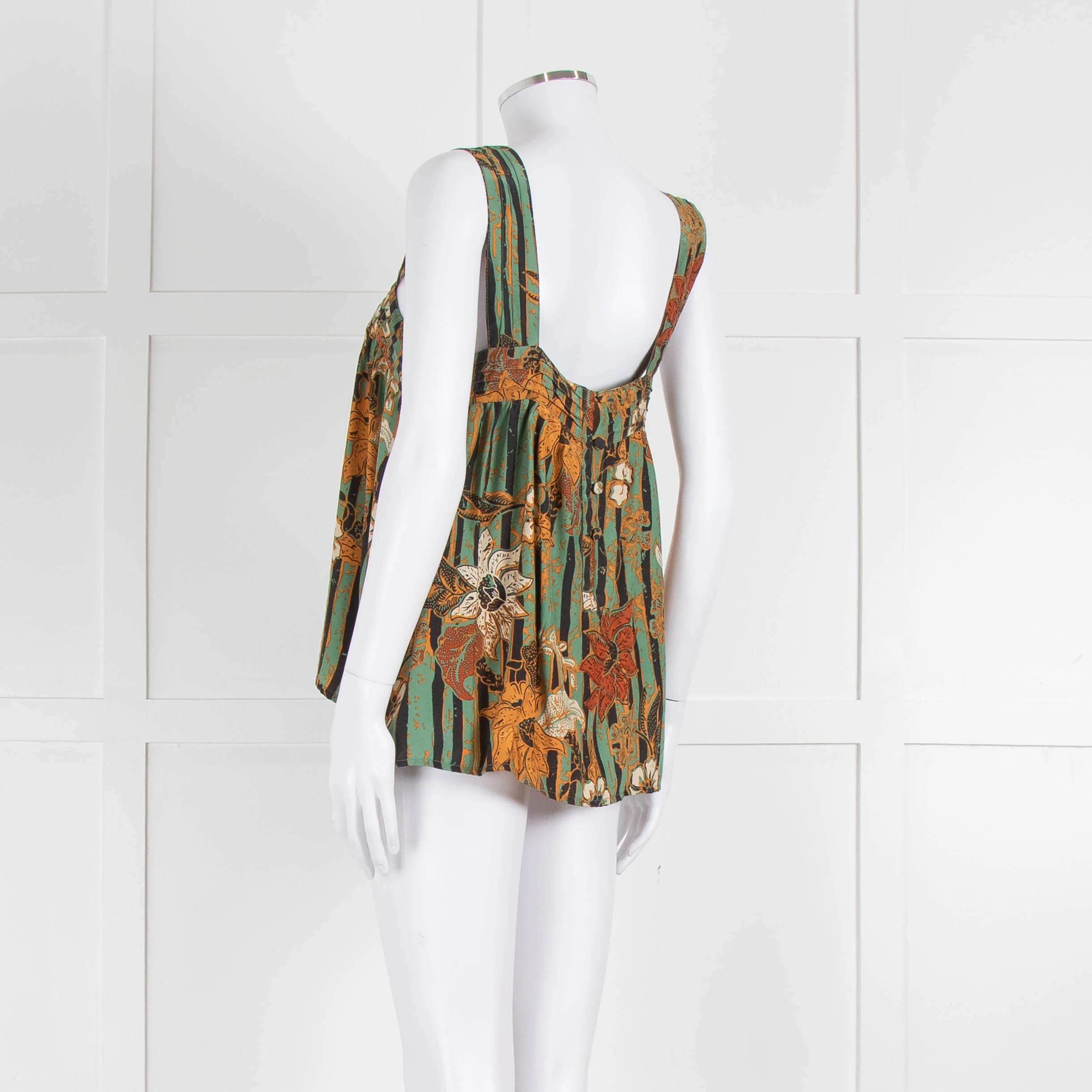 Natalie Martin Green Rust Floral Striped Silk Sleeveless Top - Image 6