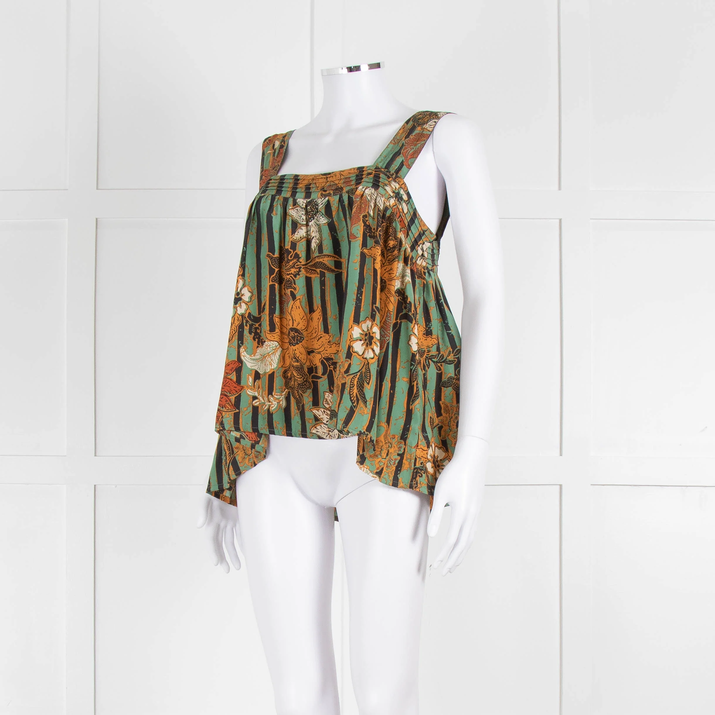Natalie Martin Green Rust Floral Striped Silk Sleeveless Top - Image 8