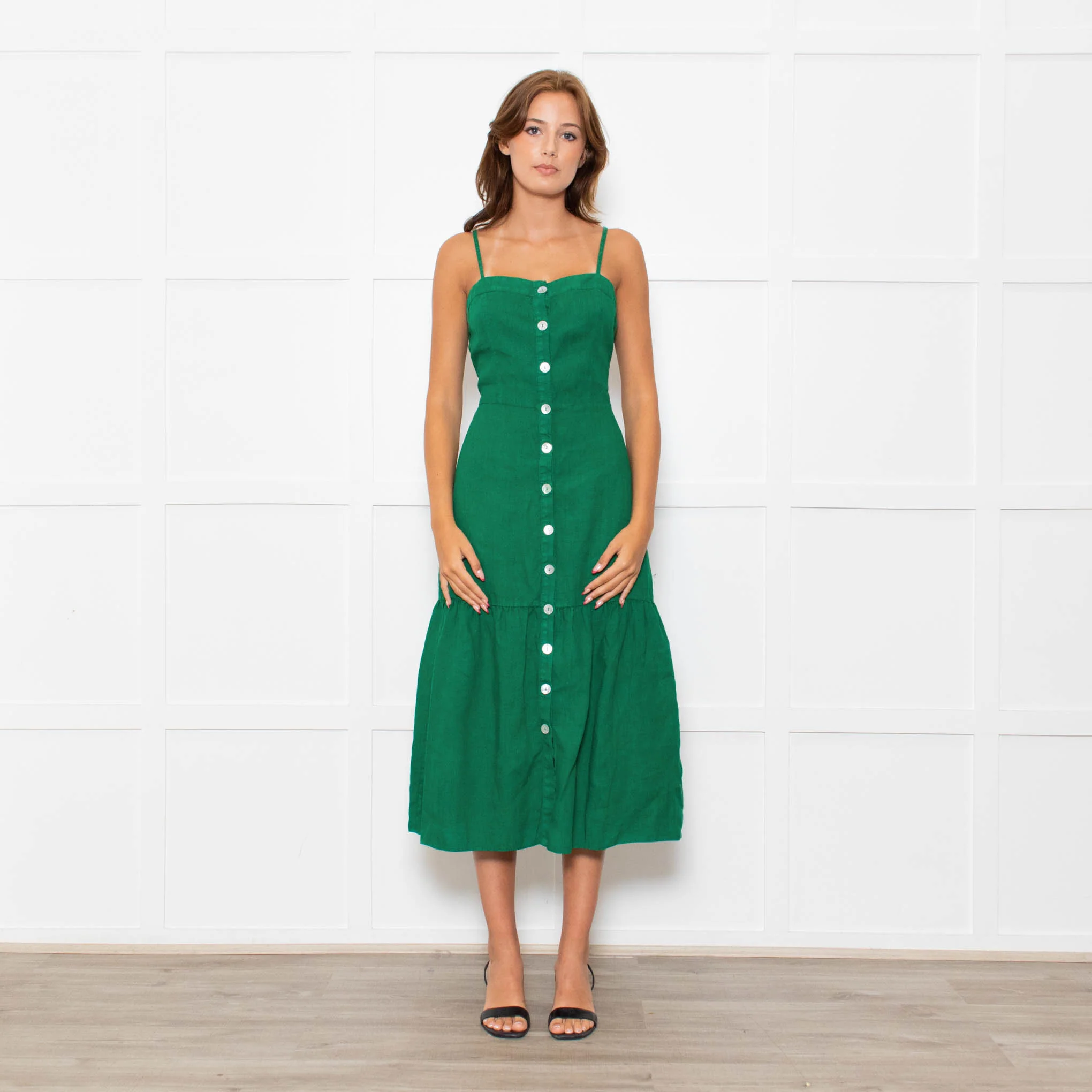 Nation Los Angeles Green Linen Button Up Sleeveless Dress