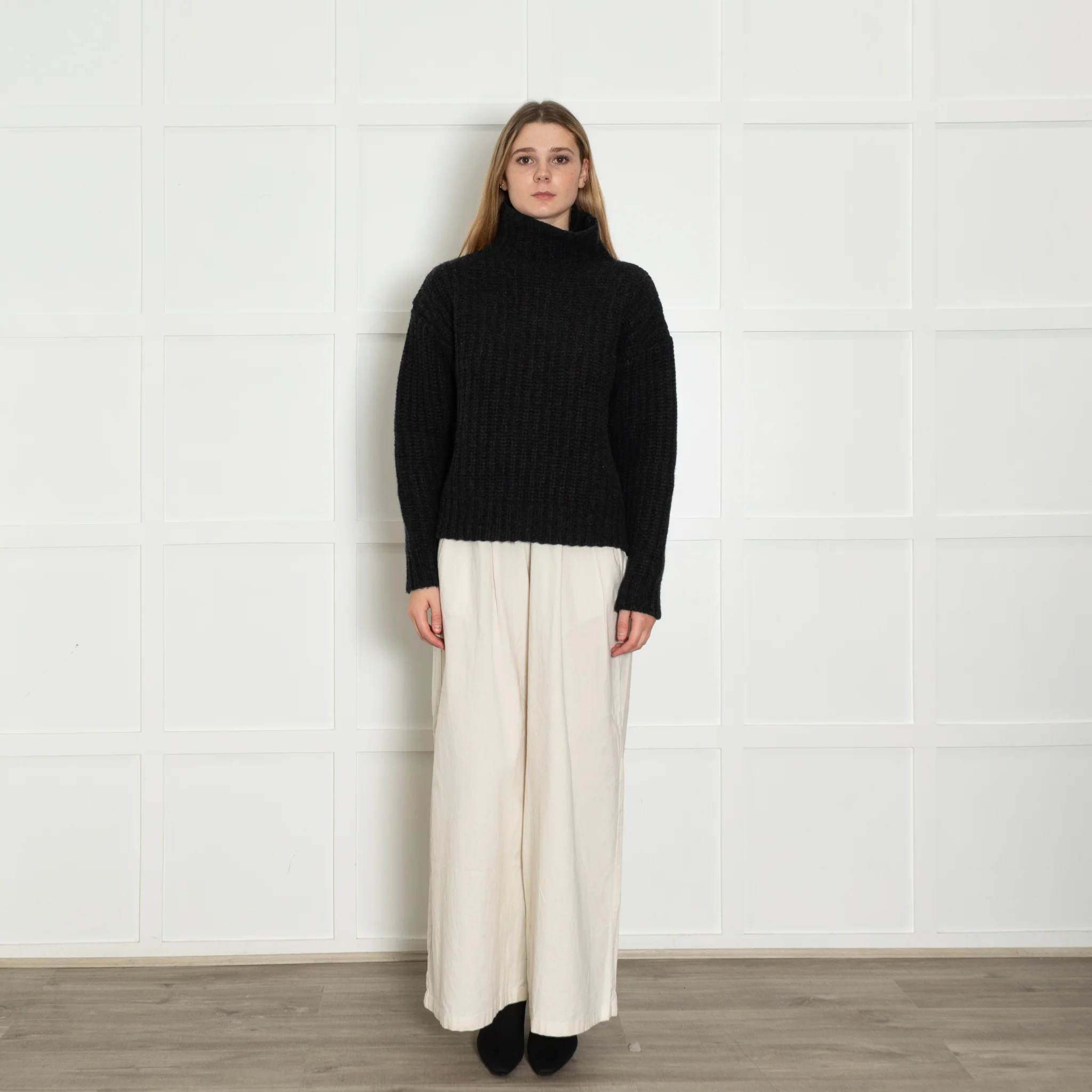 Navy Grey Charcoal Grey Lambswool Ribbed Roll Neck Jumper