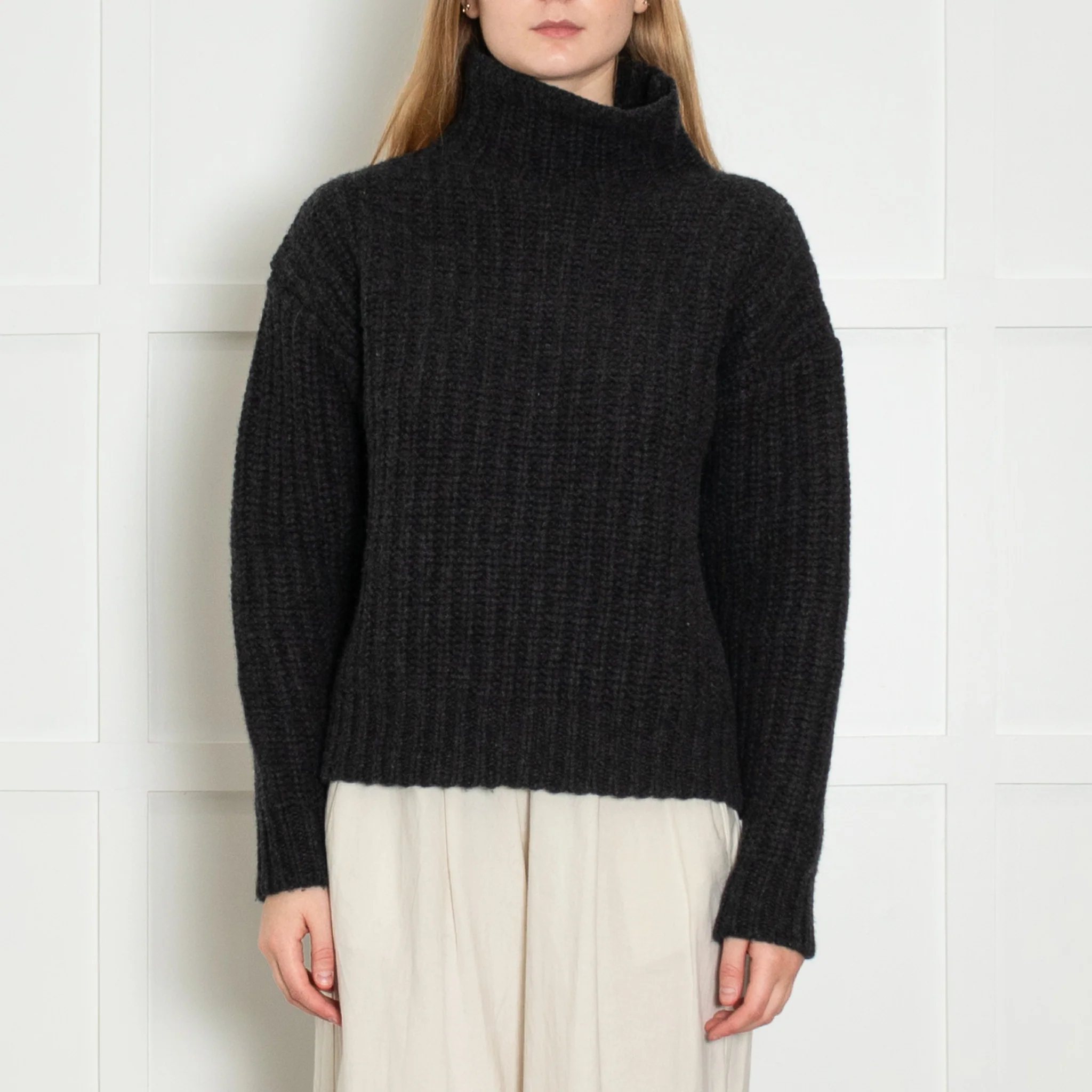 Navy Grey Charcoal Grey Lambswool Ribbed Roll Neck Jumper - Image 2