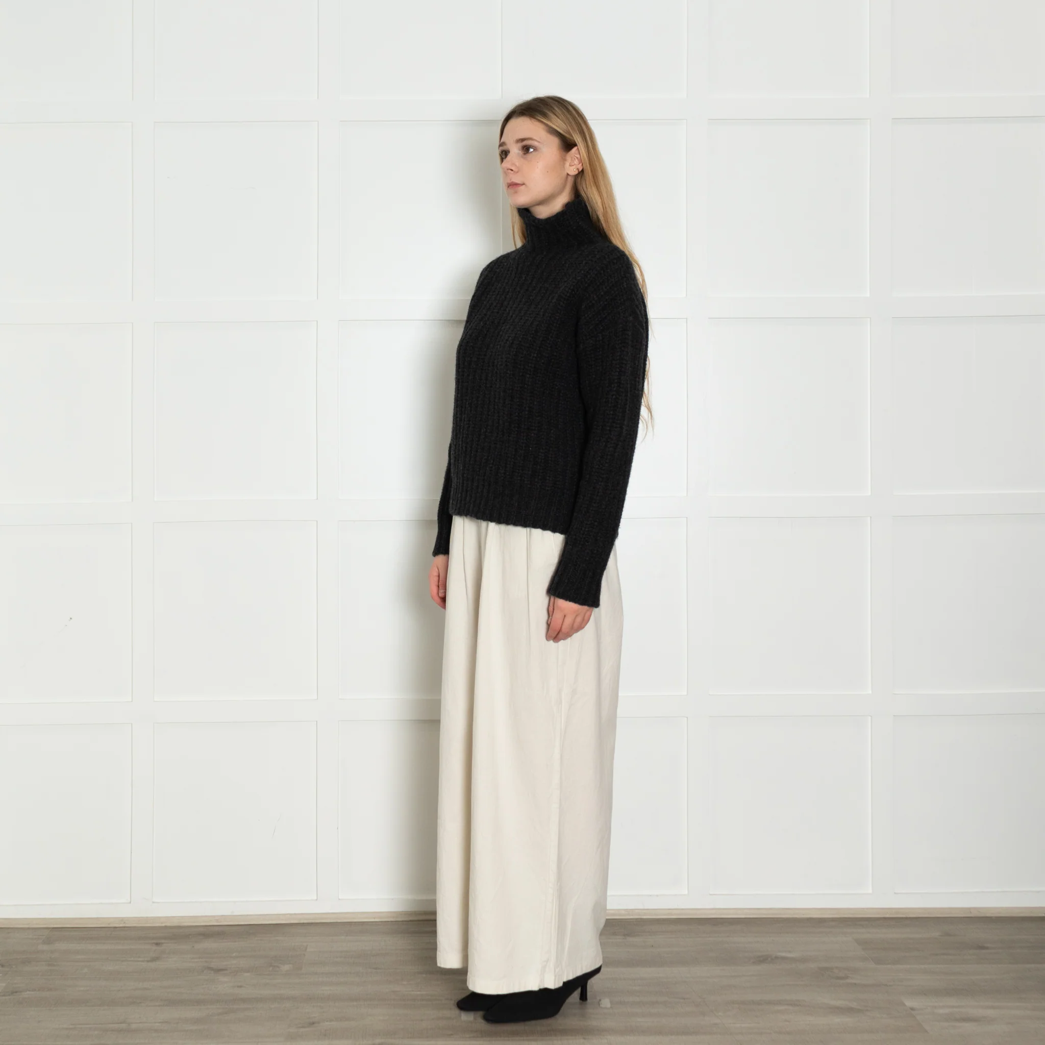 Navy Grey Charcoal Grey Lambswool Ribbed Roll Neck Jumper - Image 3