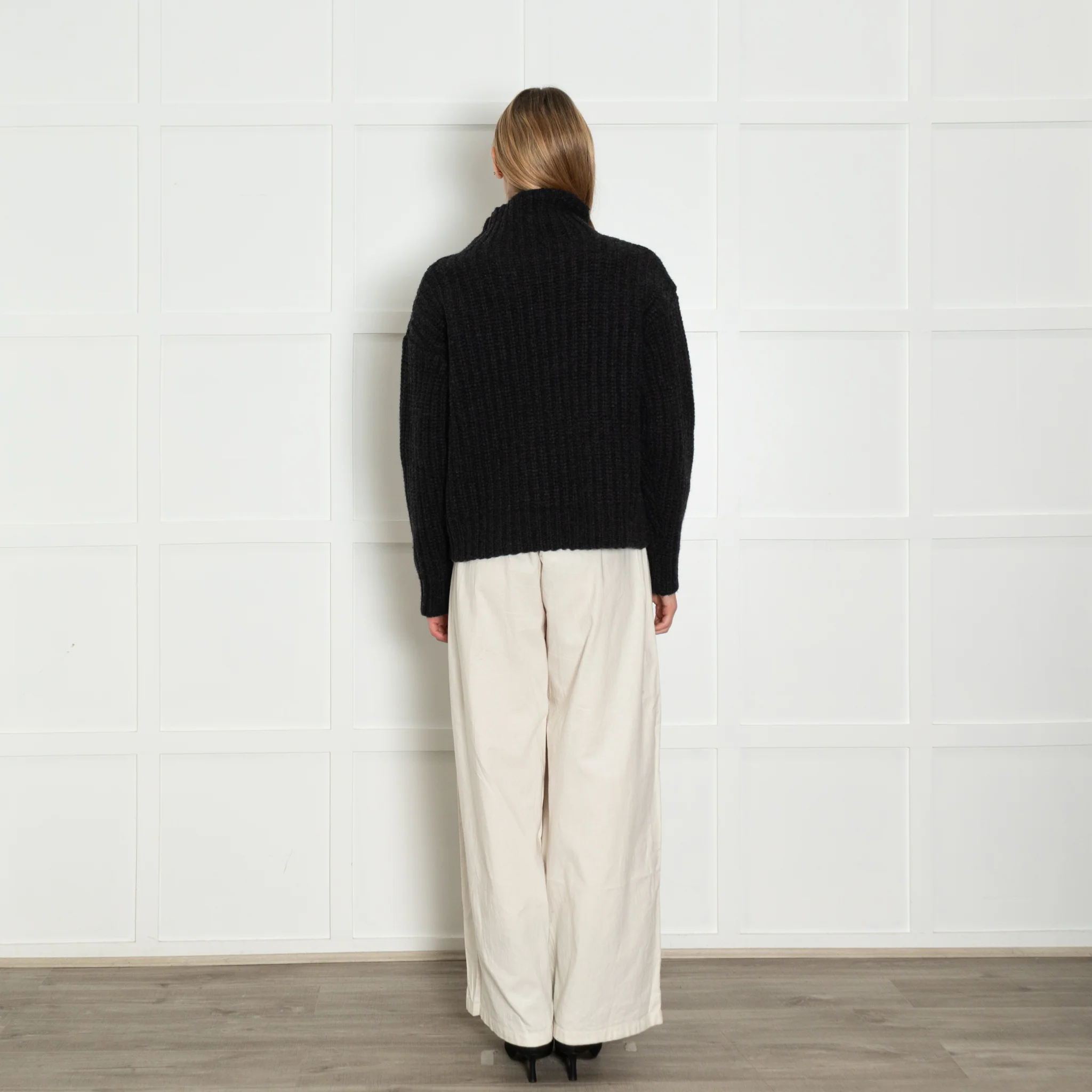 Navy Grey Charcoal Grey Lambswool Ribbed Roll Neck Jumper - Image 5