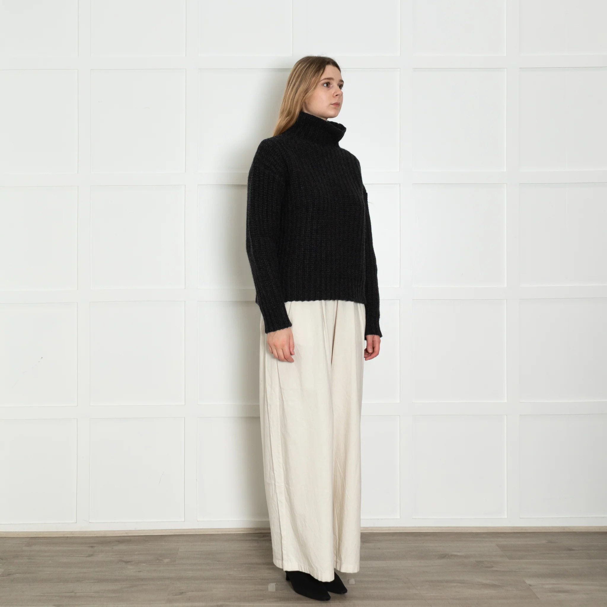 Navy Grey Charcoal Grey Lambswool Ribbed Roll Neck Jumper - Image 7