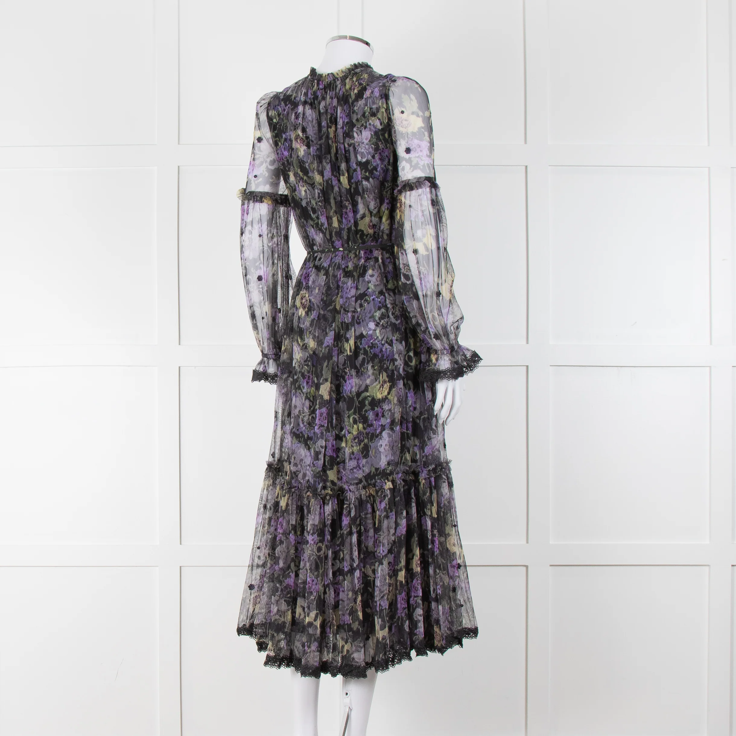 Needle & Thread Black Purple Print Net Long Sleeve Maxi Dress - Image 4