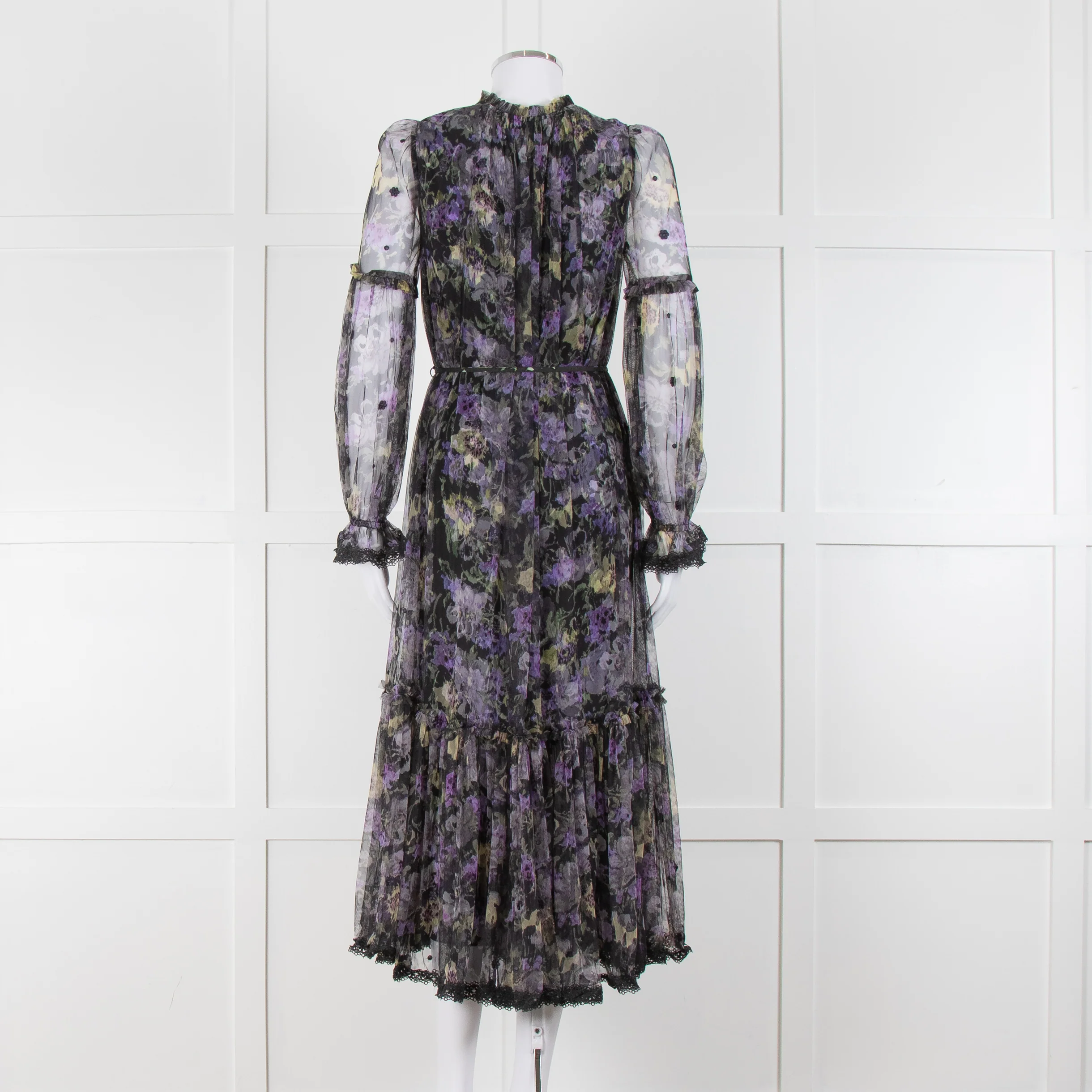 Needle & Thread Black Purple Print Net Long Sleeve Maxi Dress - Image 5