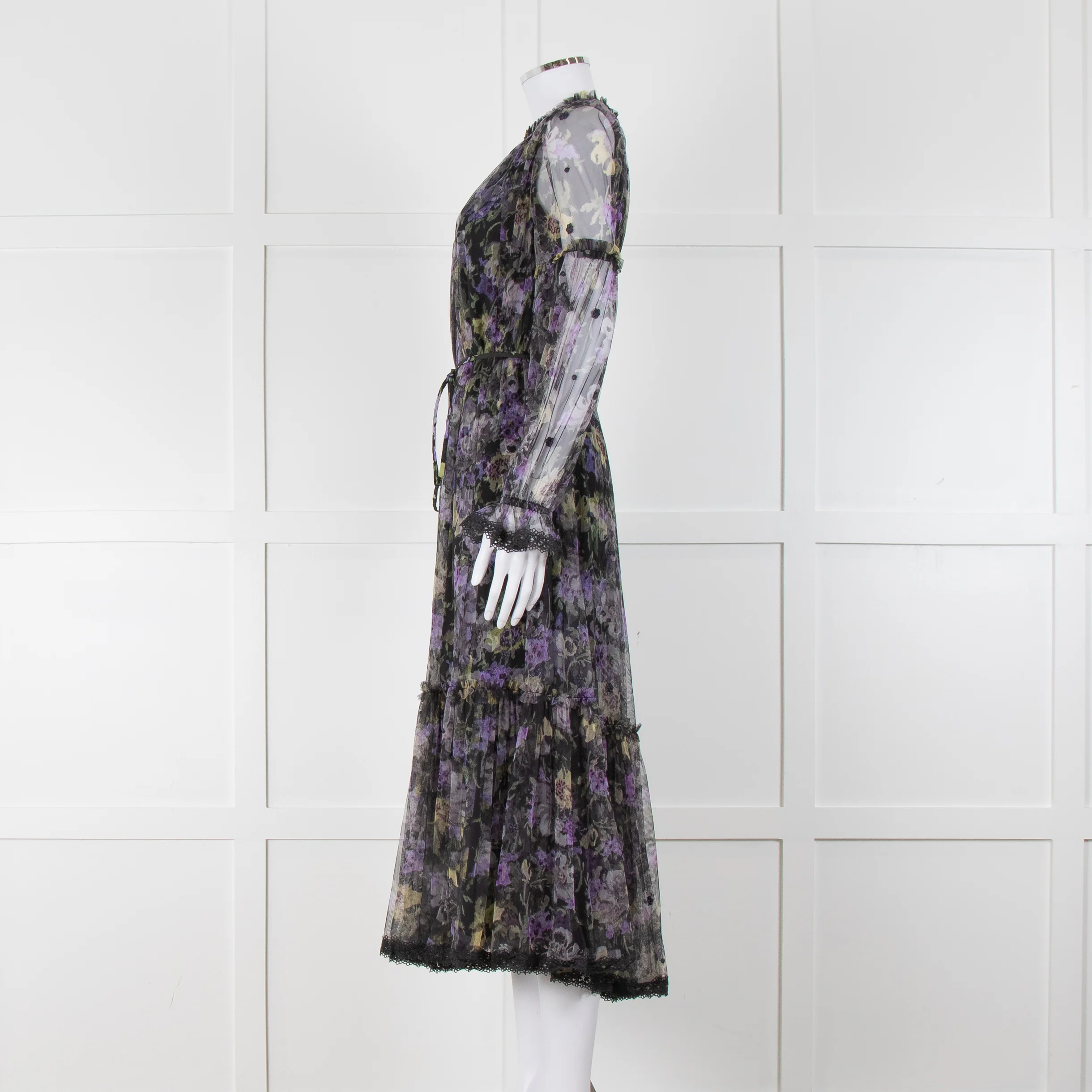 Needle & Thread Black Purple Print Net Long Sleeve Maxi Dress - Image 7