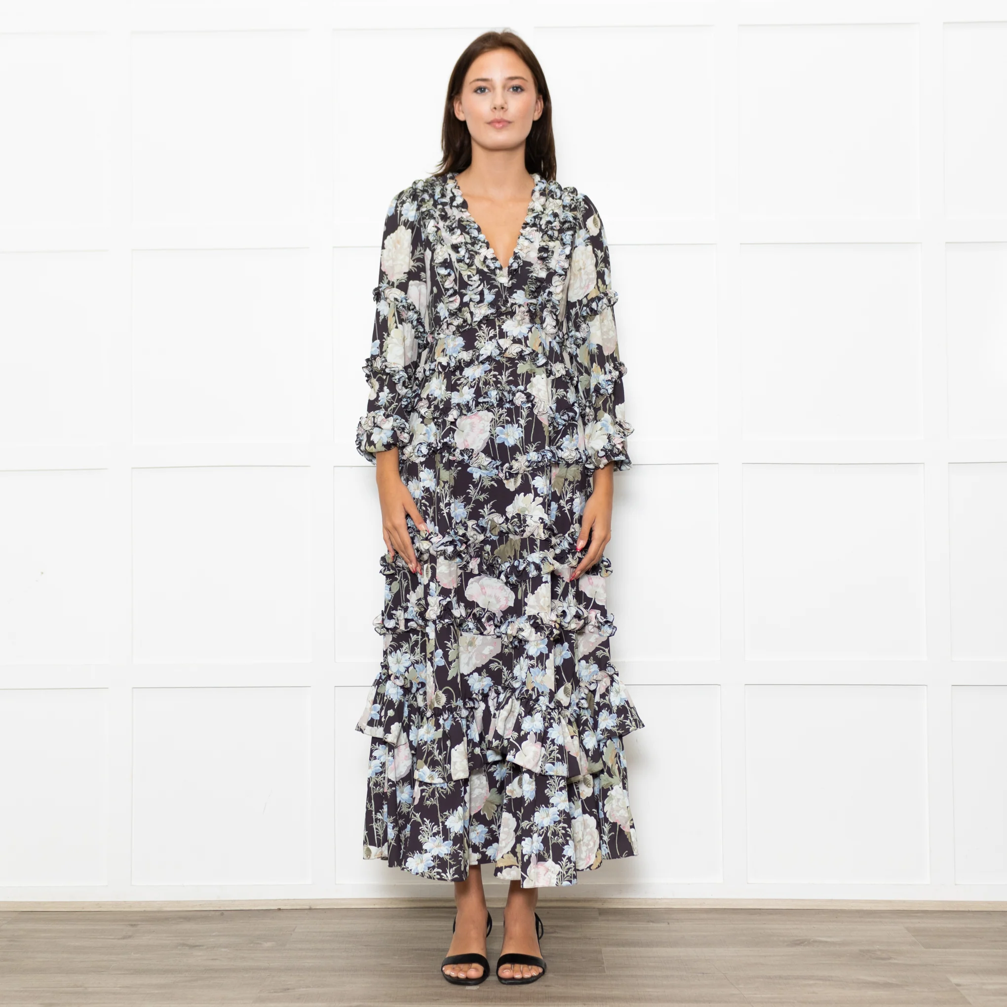 Needle & Thread Black Cream Green Floral Frill Detail Maxi Dress