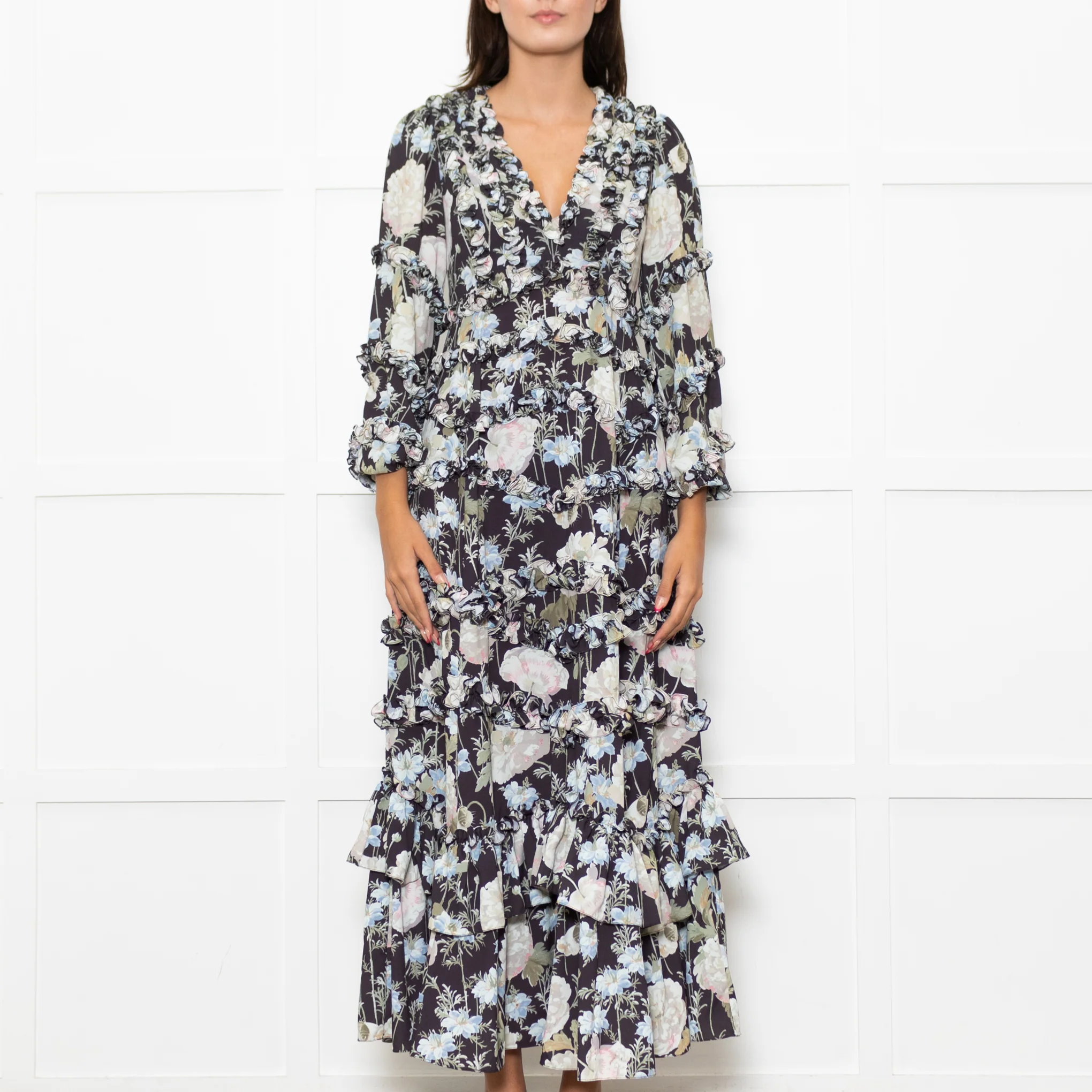 Needle & Thread Black Cream Green Floral Frill Detail Maxi Dress - Image 2