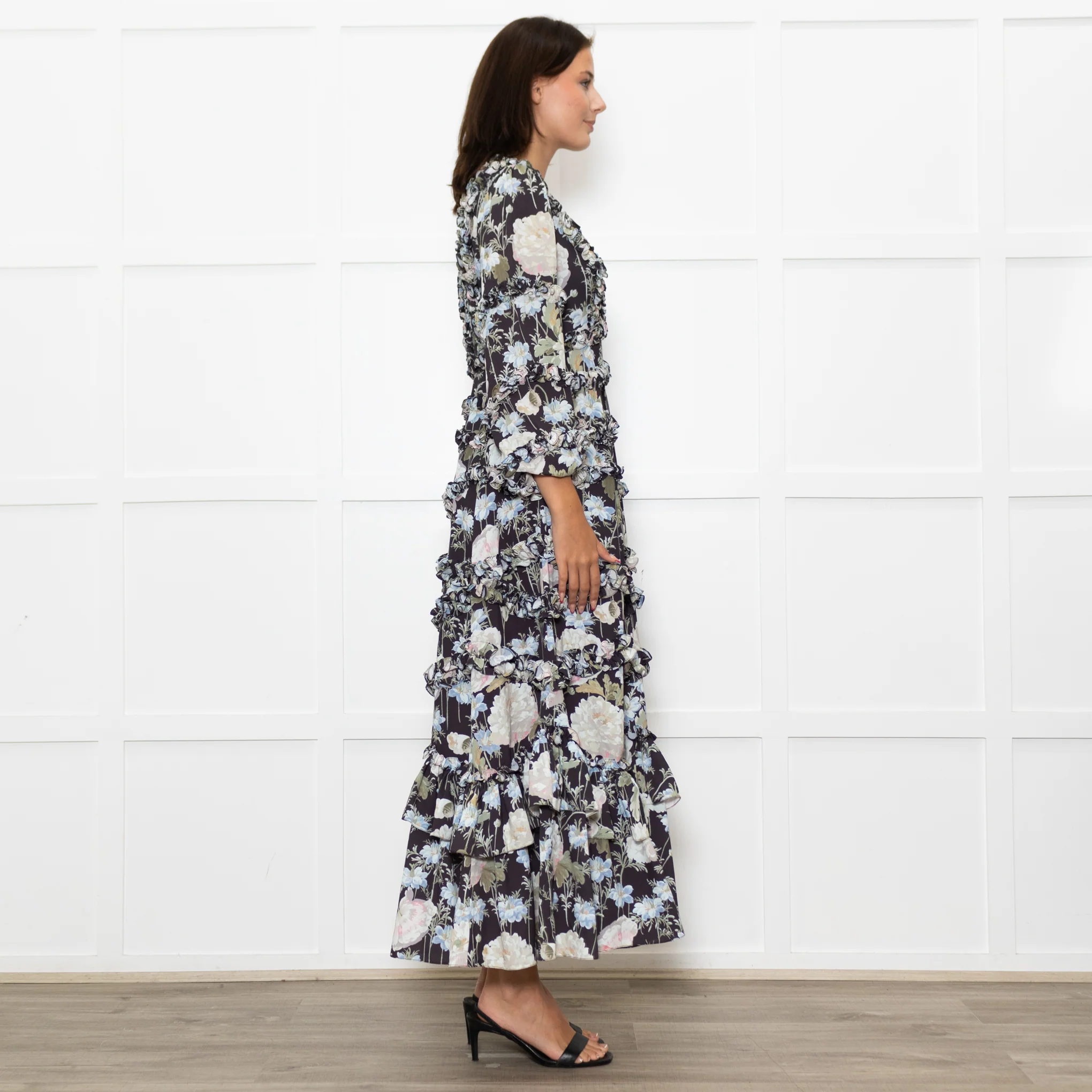 Needle & Thread Black Cream Green Floral Frill Detail Maxi Dress - Image 6