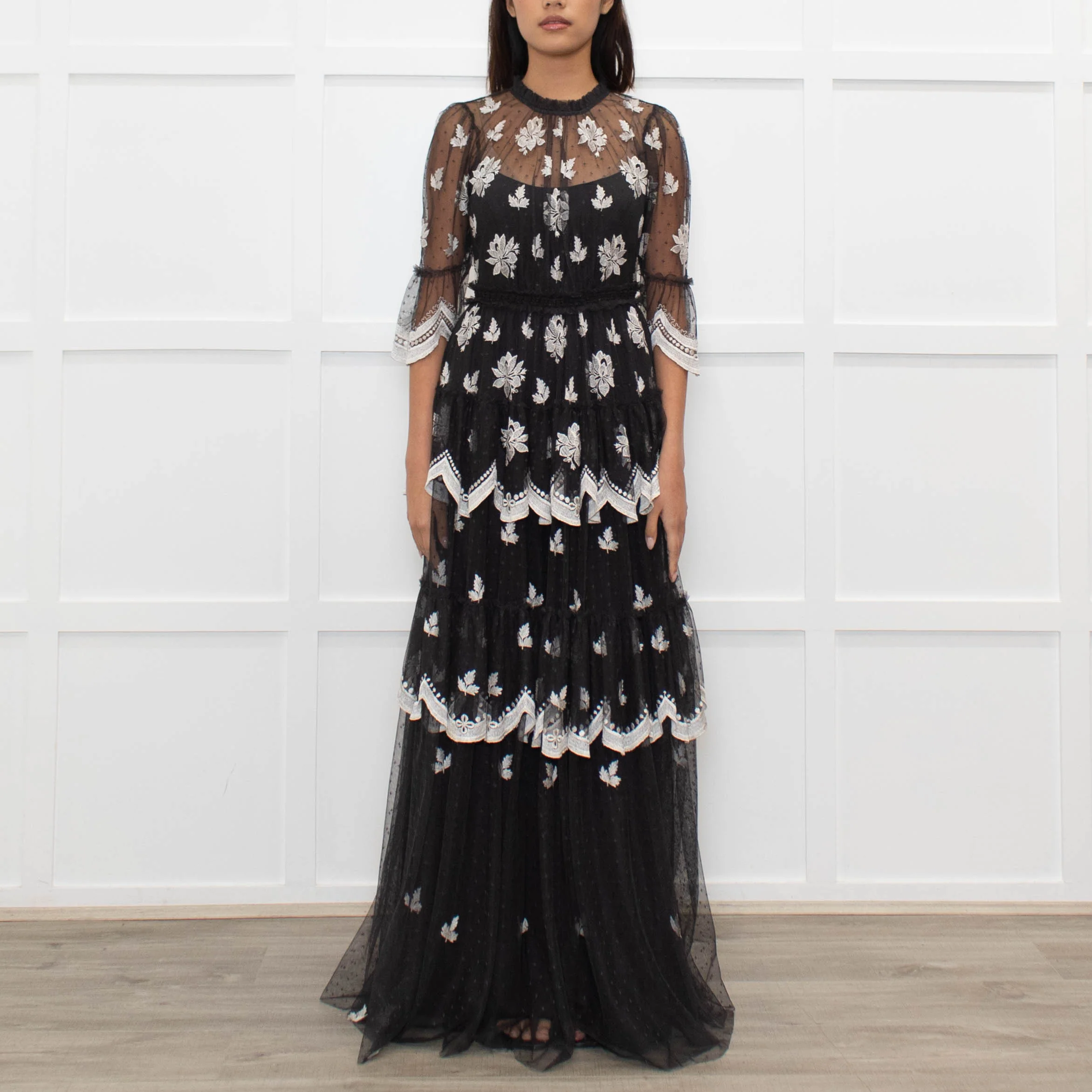 Needle & Thread Grey White Embroidery Tiered Net Maxi Dress - Image 2