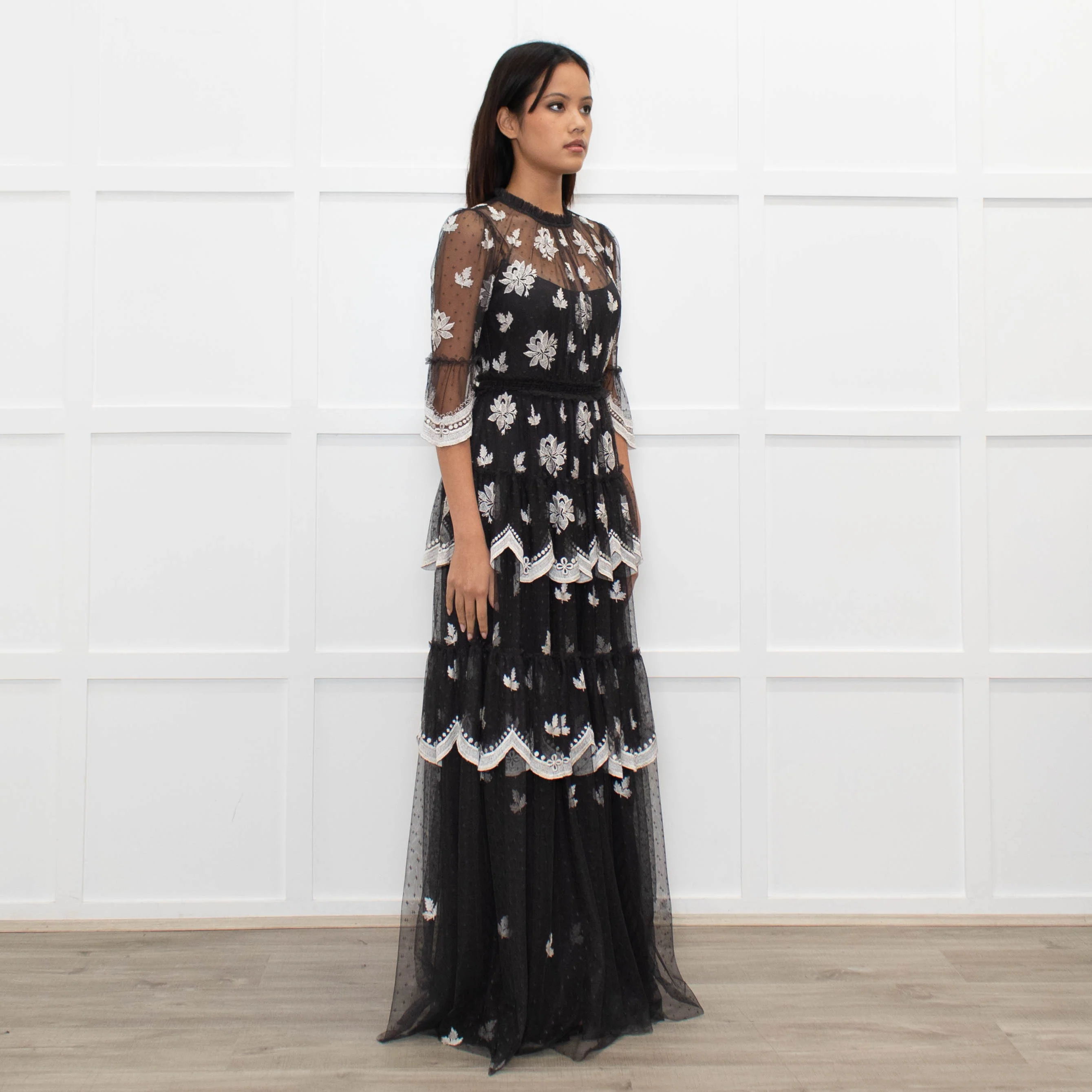 Needle & Thread Grey White Embroidery Tiered Net Maxi Dress - Image 3