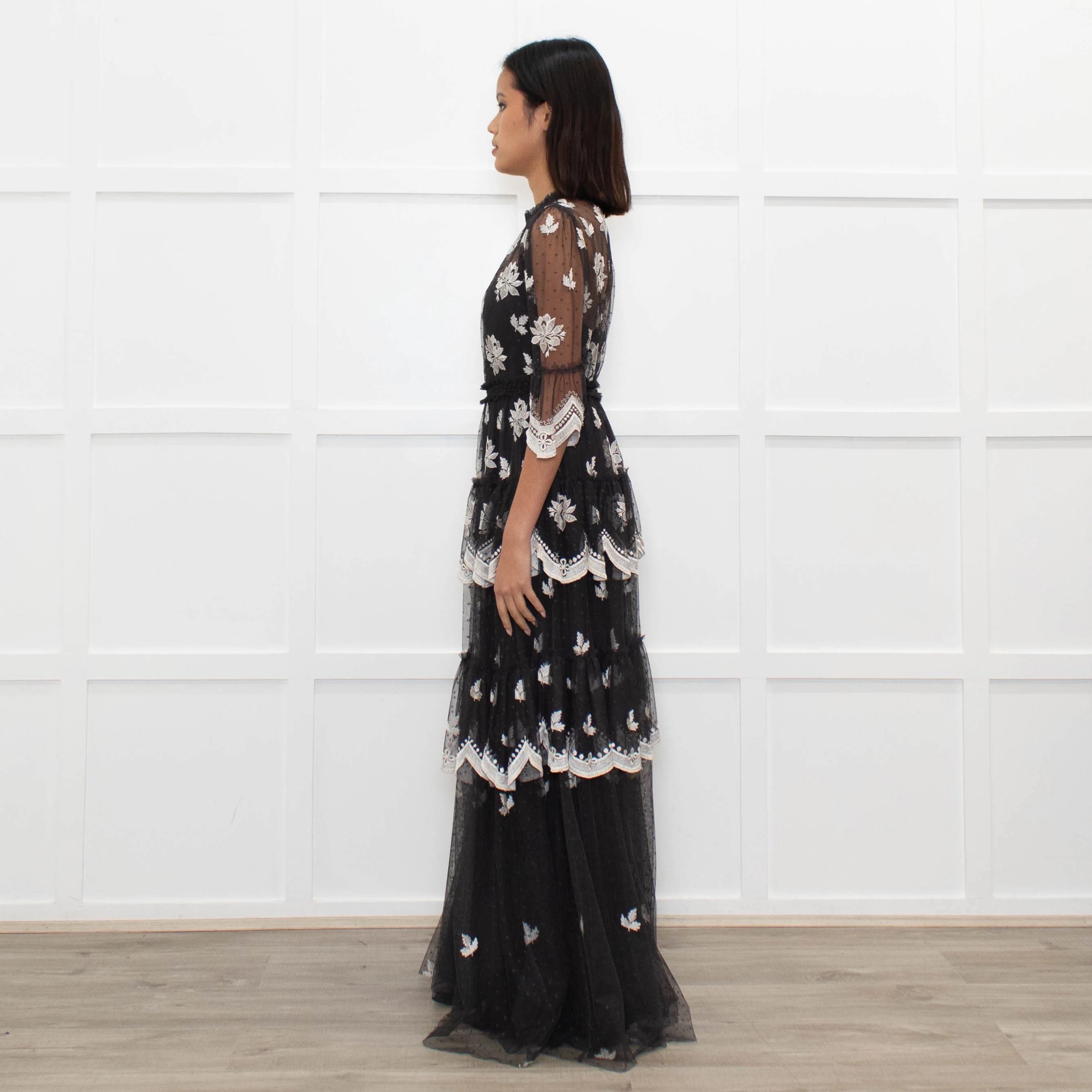Needle & Thread Grey White Embroidery Tiered Net Maxi Dress - Image 6