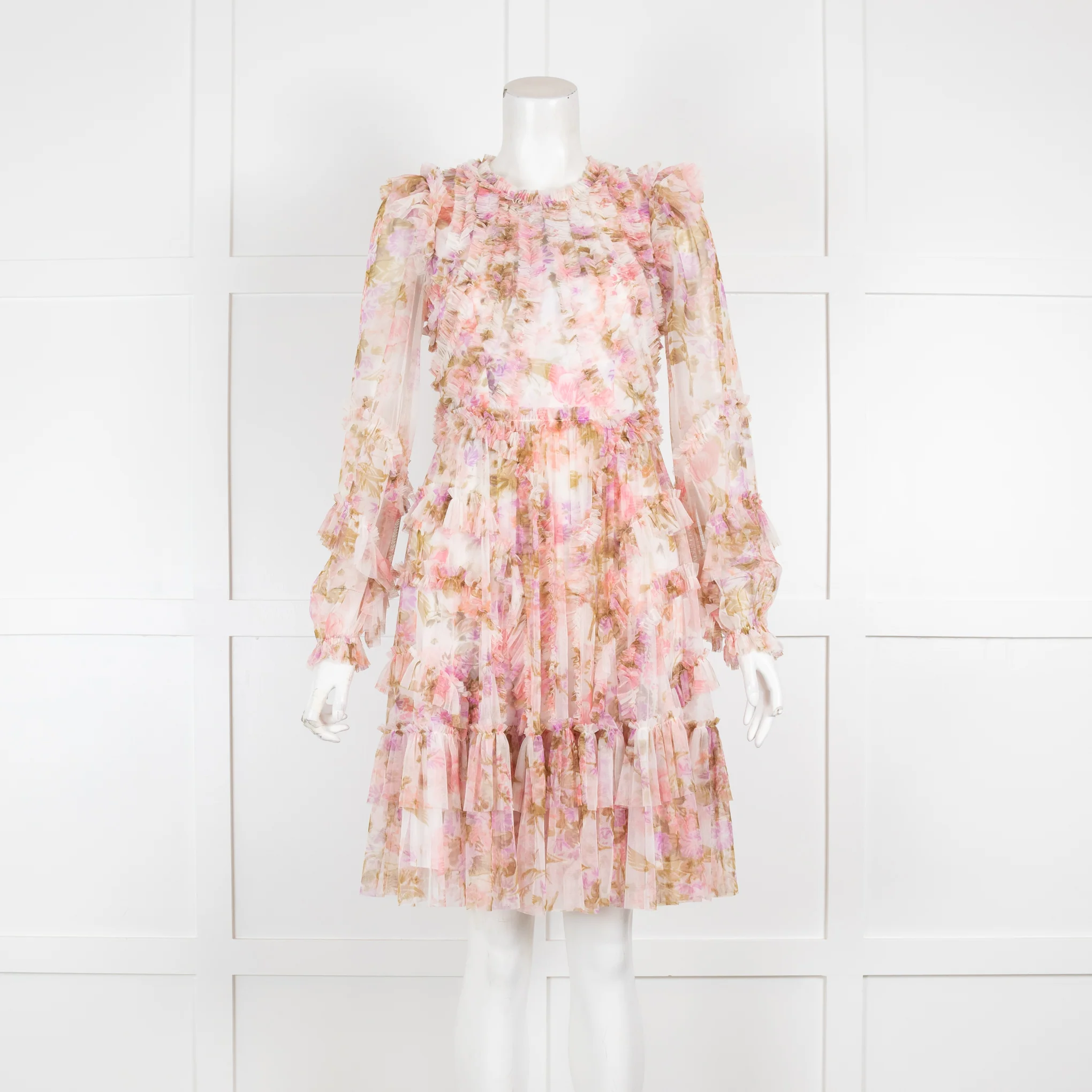 Needle & Thread Pink Mesh Frill Detail Floral Dress