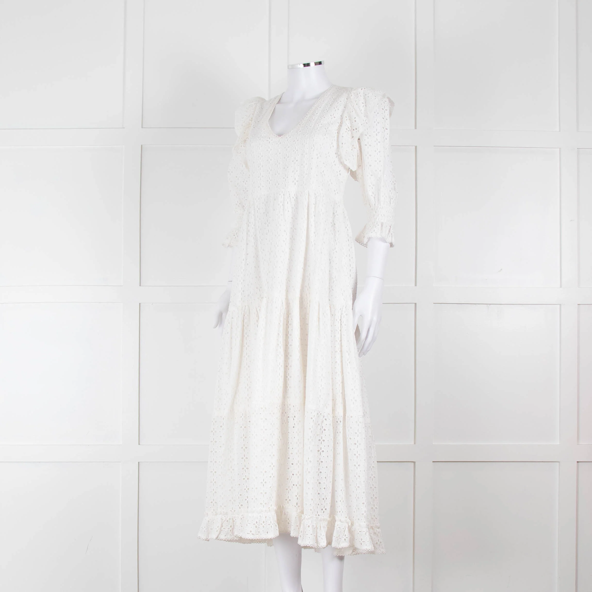 Neve & Noor White Broderie Anglaise Puff Sleeve Maxi Dress - Image 8