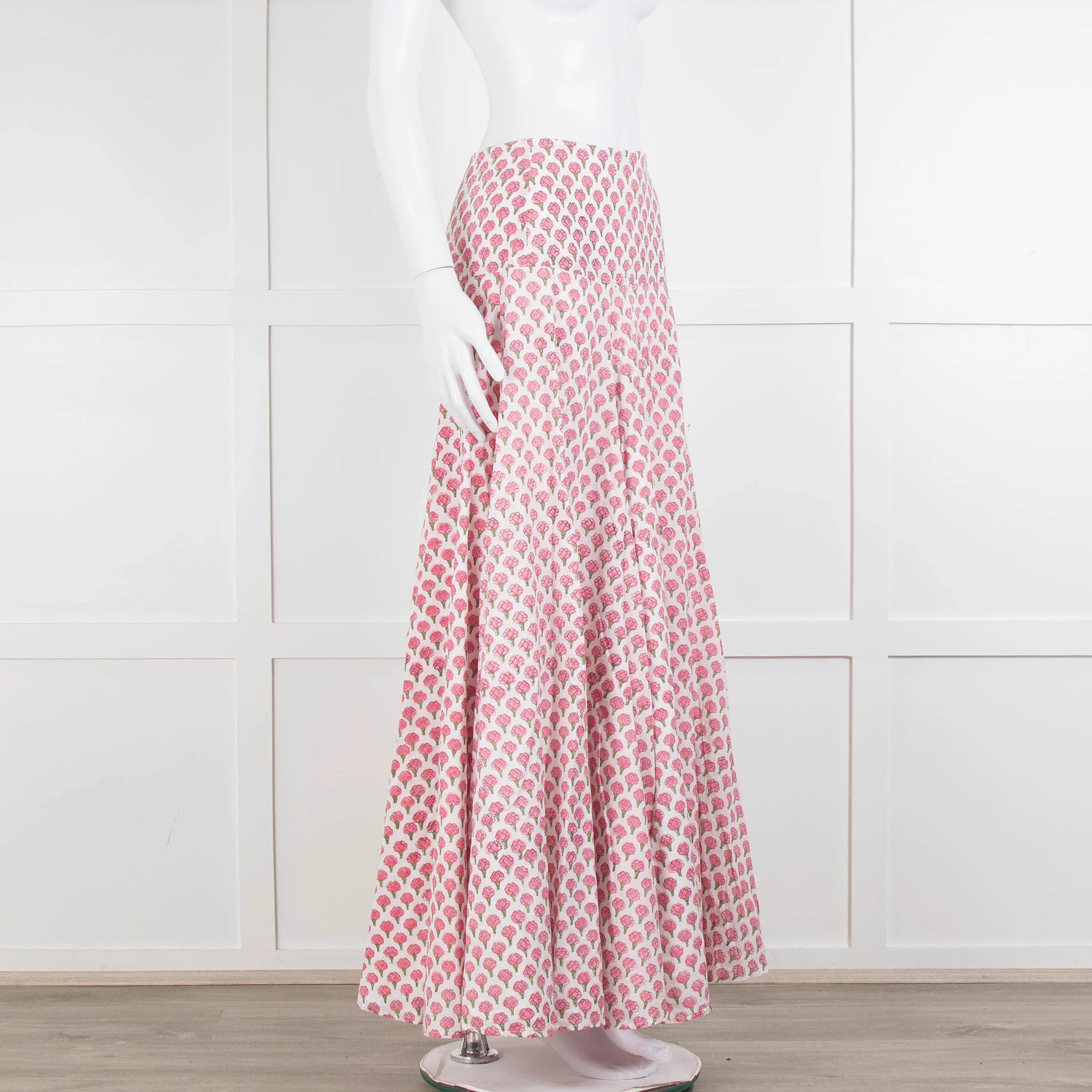 Neve & Noor White Pink Rose Print Cotton Maxi Skirt - Image 2