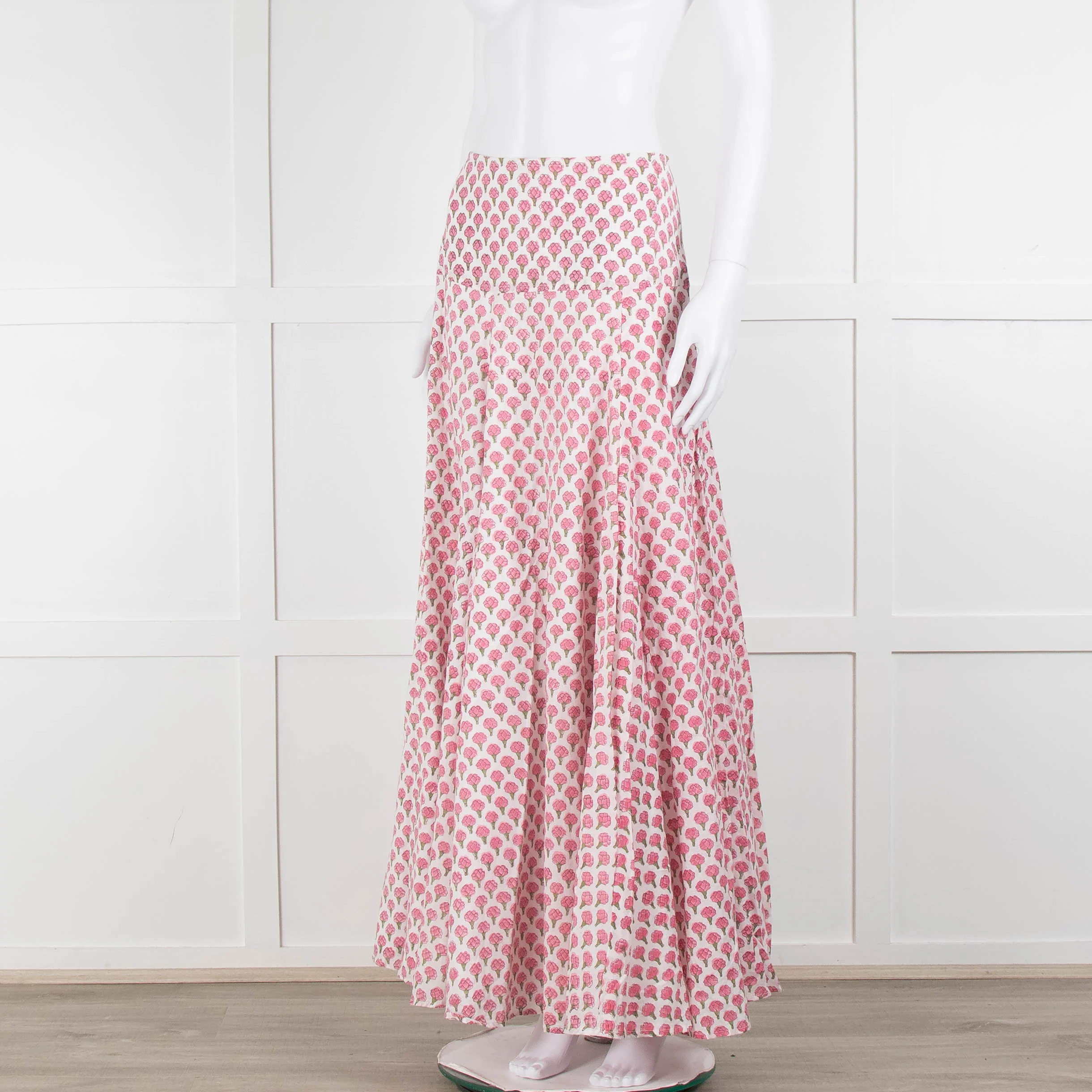 Neve & Noor White Pink Rose Print Cotton Maxi Skirt - Image 8