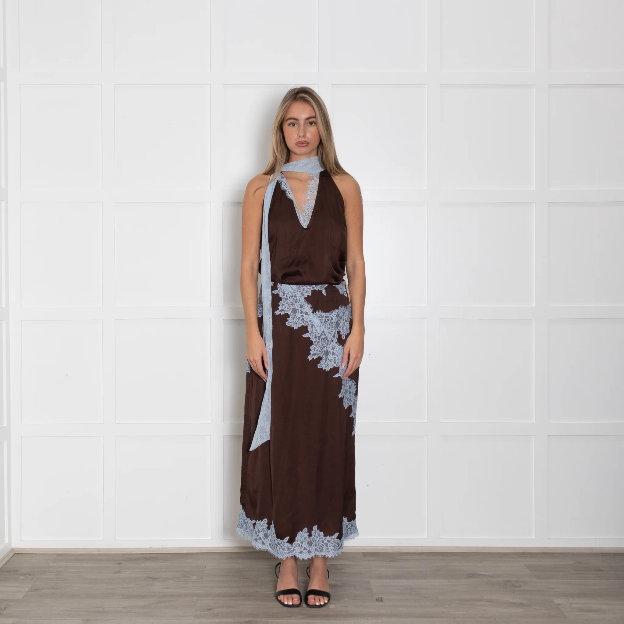 Never Fully Dressed Brown Maxi Skirt With Blue Lace Trim