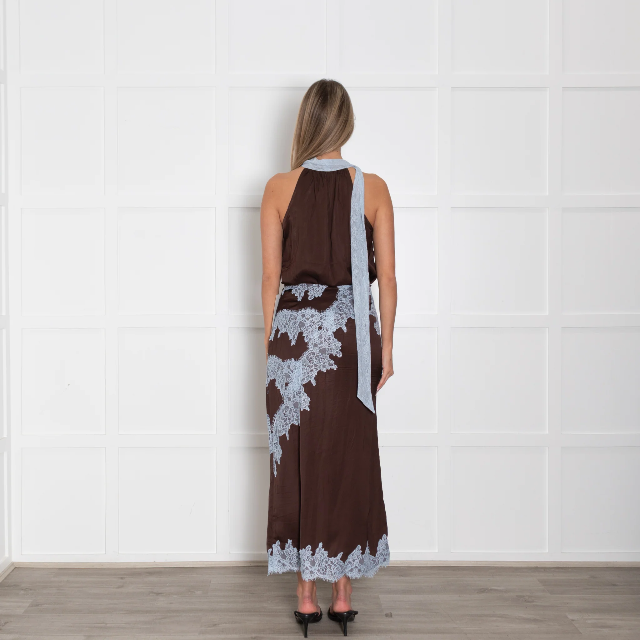 Never Fully Dressed Brown Maxi Skirt With Blue Lace Trim - Image 5
