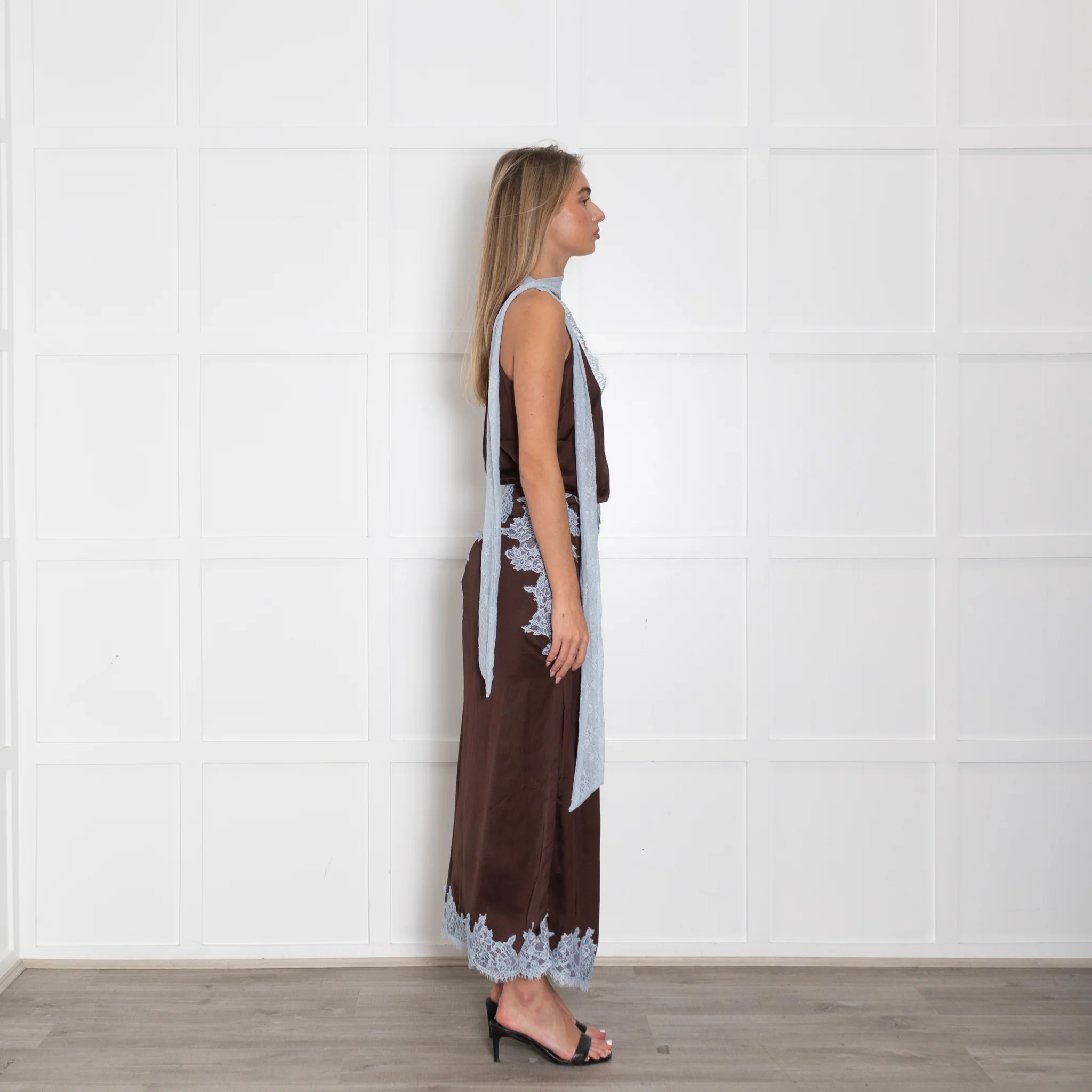 Never Fully Dressed Brown Maxi Skirt With Blue Lace Trim - Image 6