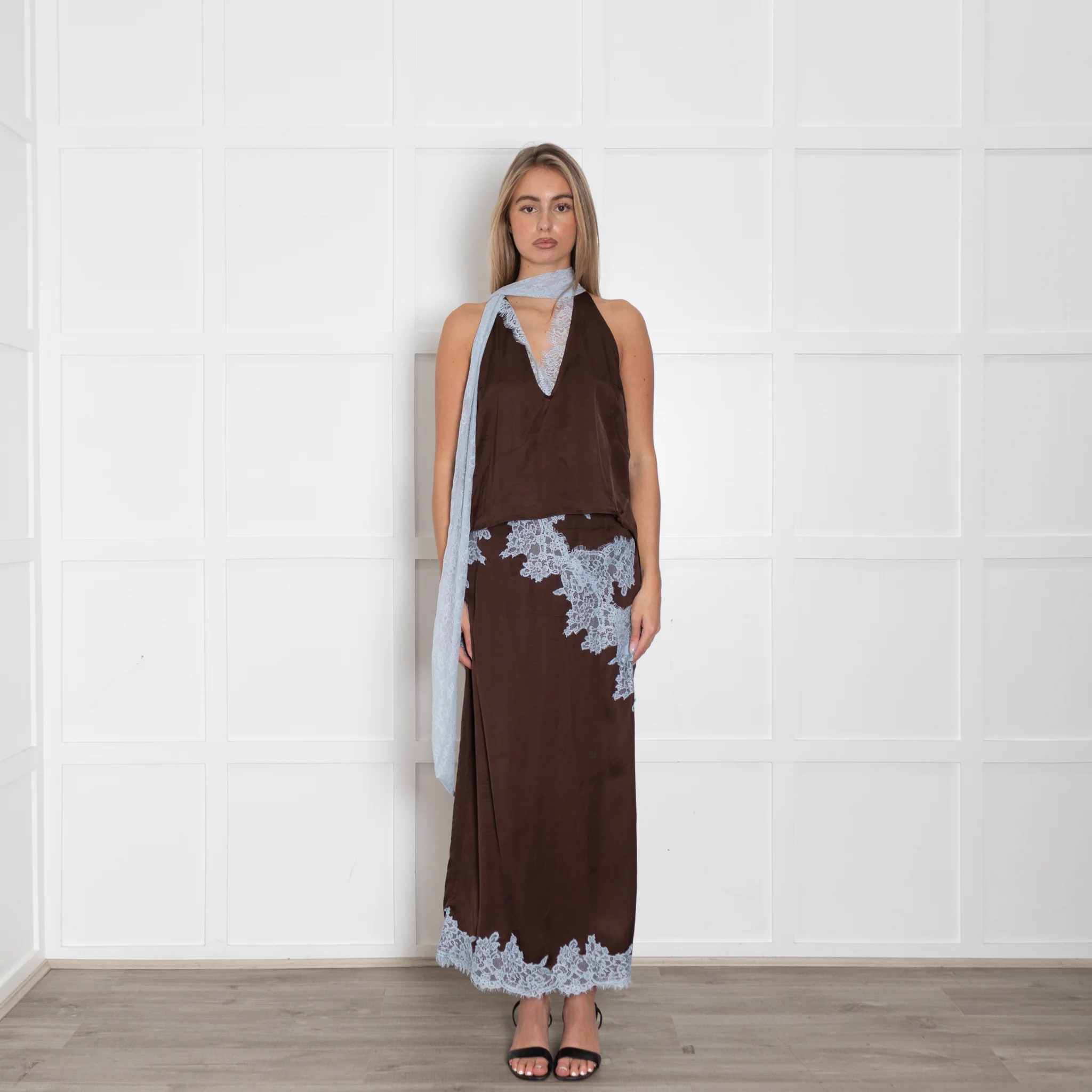 Never Fully Dressed Brown Maxi Skirt With Blue Lace Trim - Image 8
