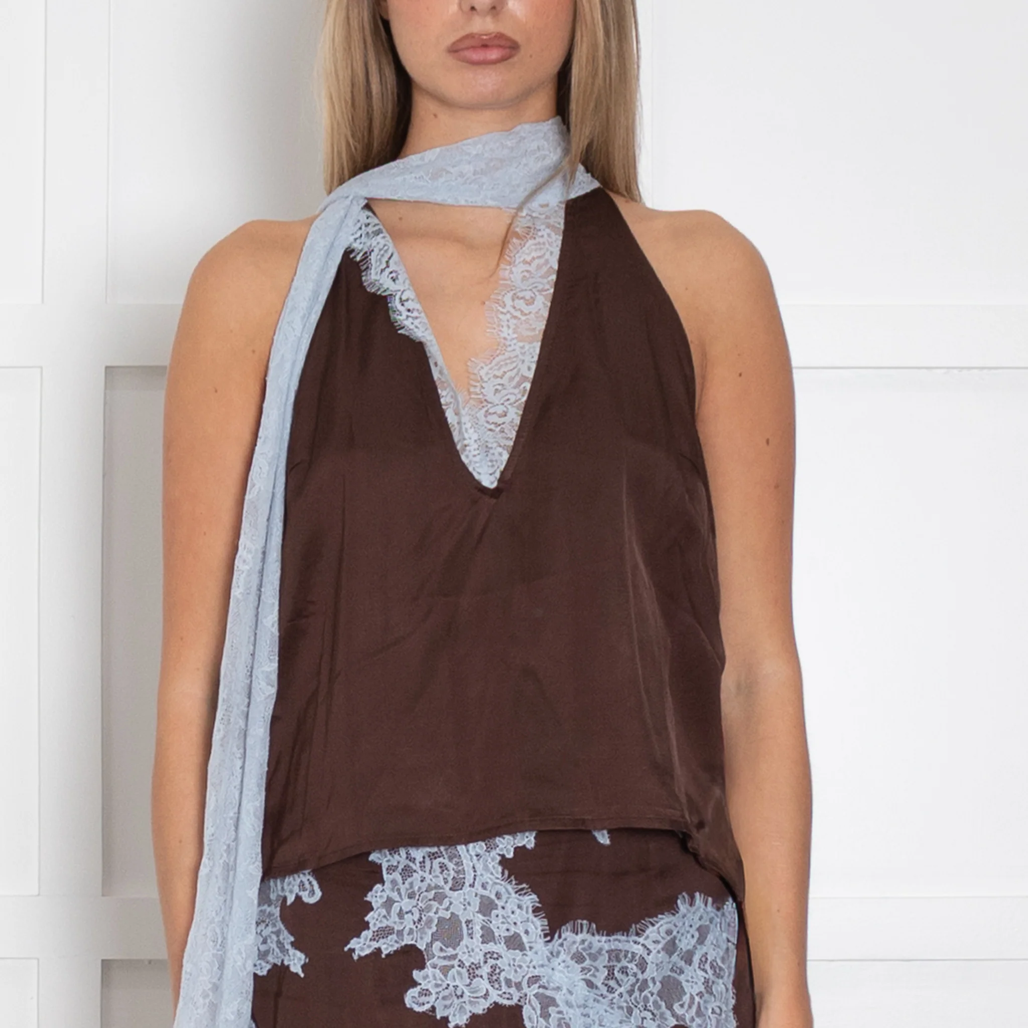 Never Fully Dressed Brown Sleeveless Top With Blue Lace Neck Tie - Image 2