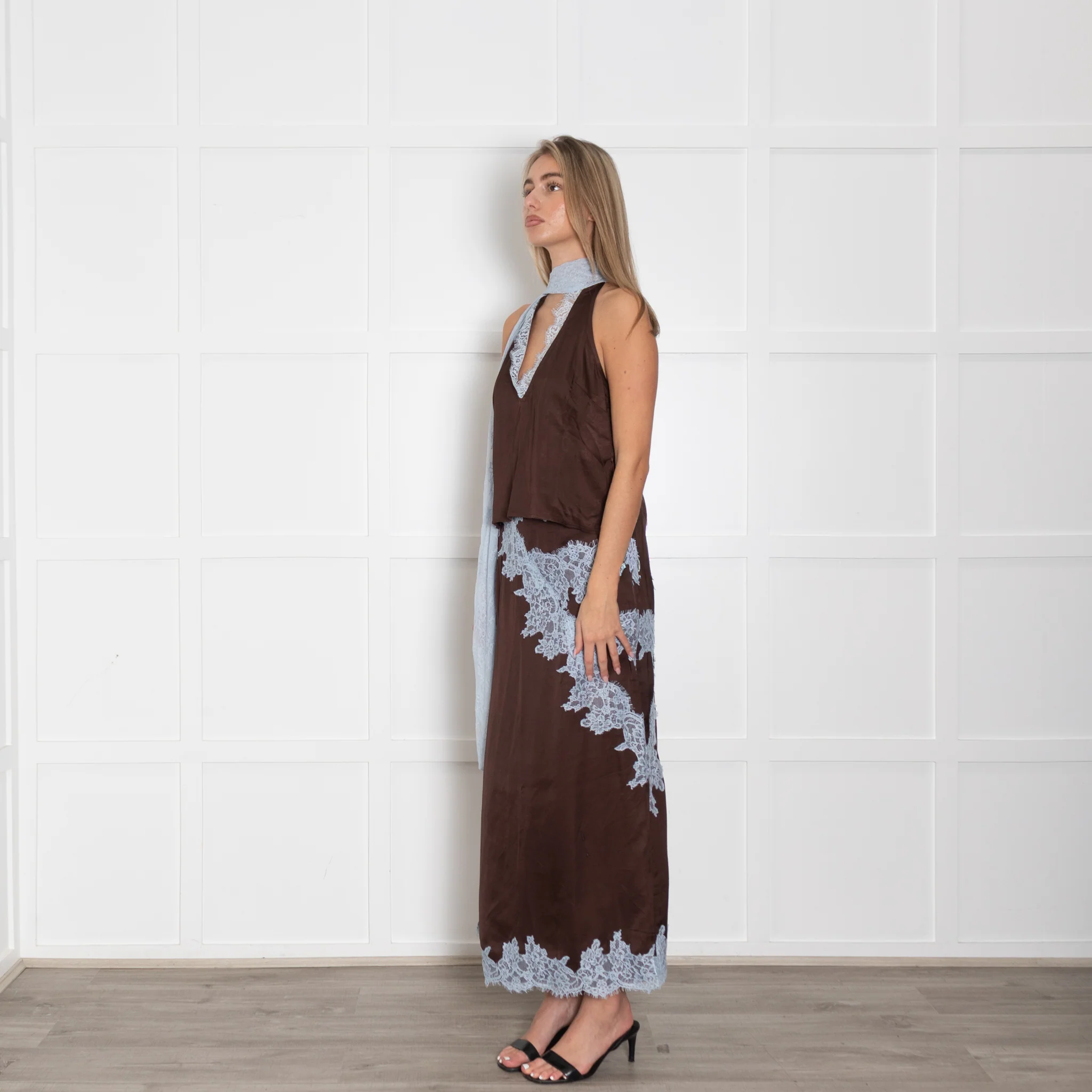 Never Fully Dressed Brown Sleeveless Top With Blue Lace Neck Tie - Image 3