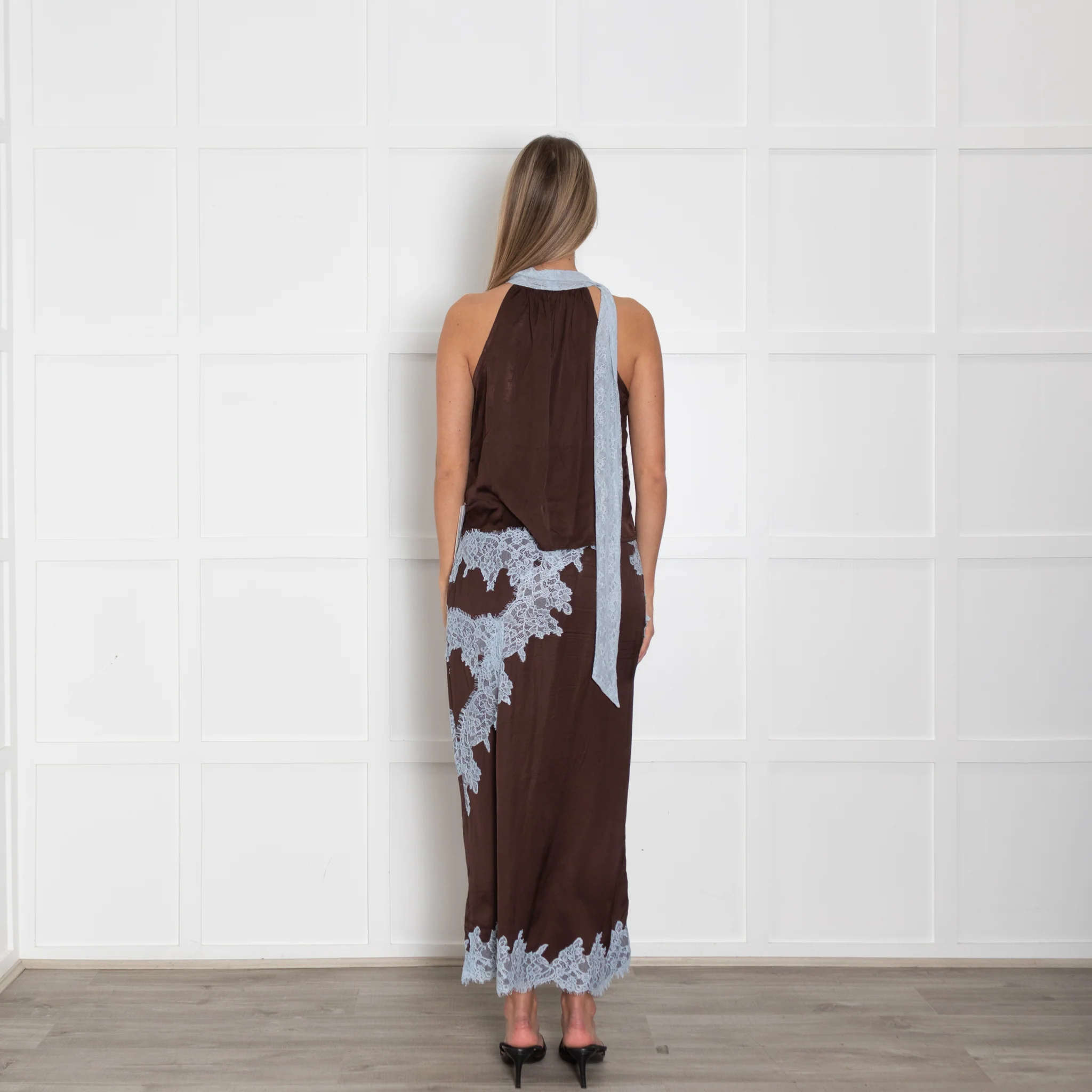 Never Fully Dressed Brown Sleeveless Top With Blue Lace Neck Tie - Image 5